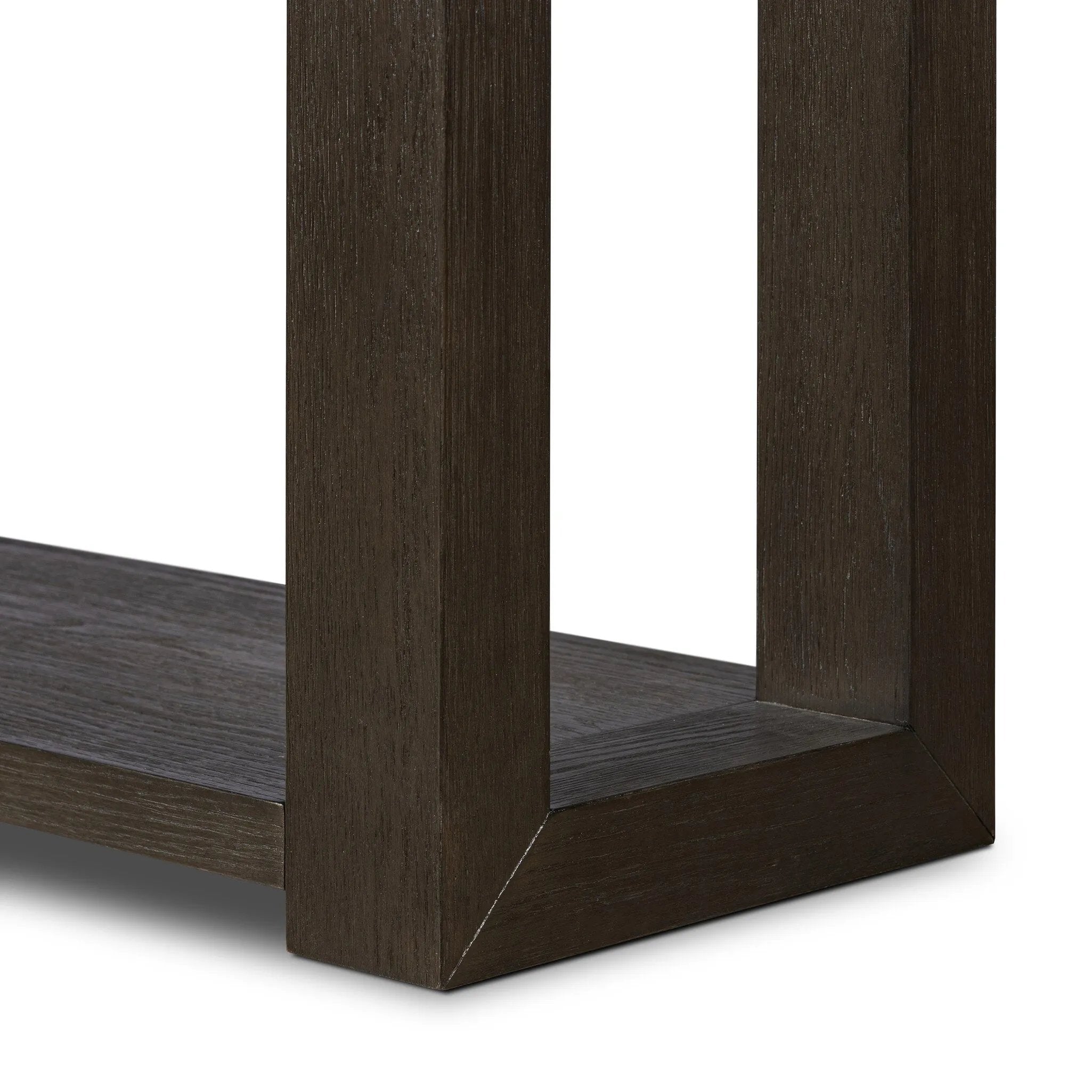 Made from oak veneer finished in a dark anthracite, a long, open-style console table brings a rich, clean look to your living or media room. Lower shelving brings bonus storage and display of media, favorite books and more Amethyst Home provides interior design, new home construction design consulting, vintage area rugs, and lighting in the Alpharetta metro area.