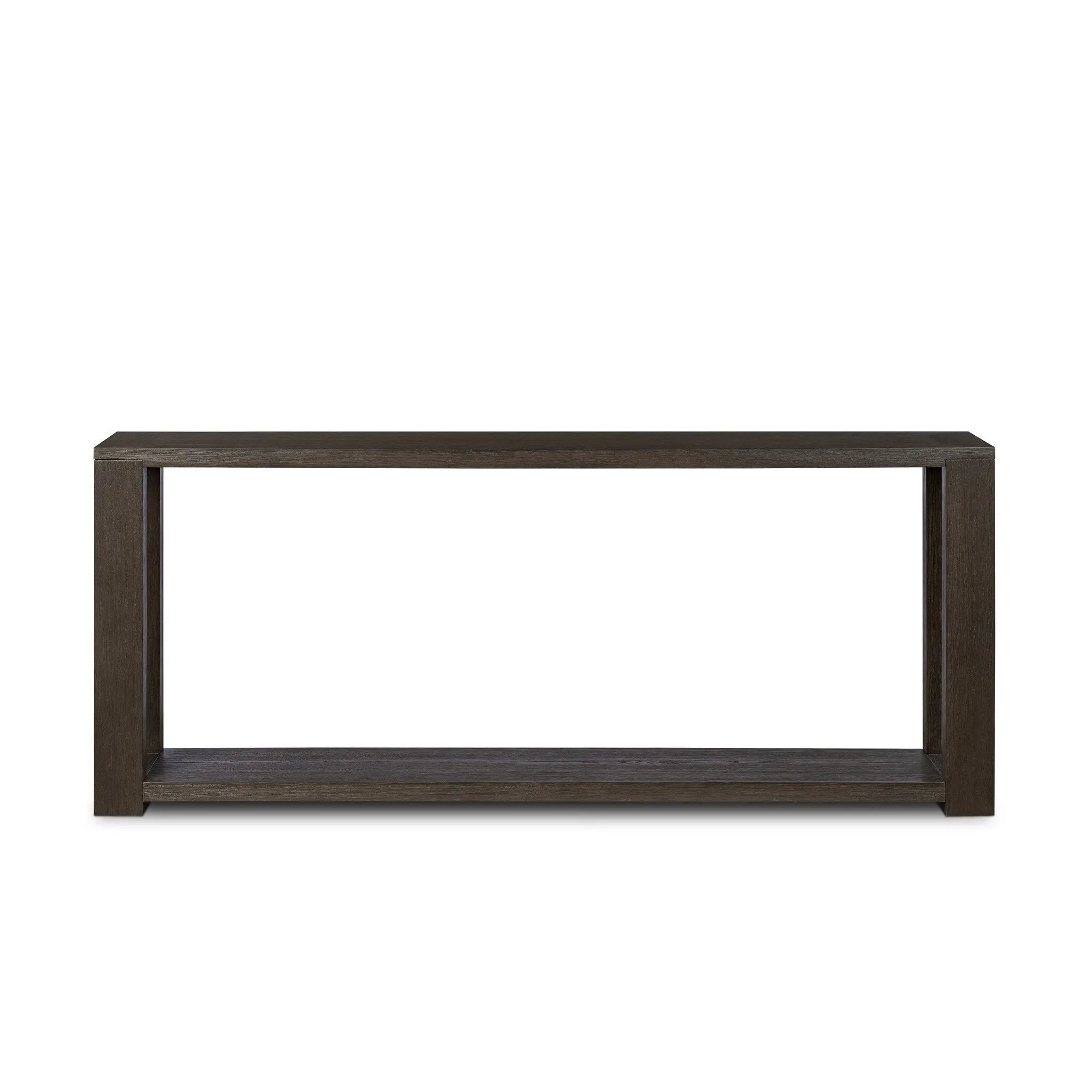 Made from oak veneer finished in a dark anthracite, a long, open-style console table brings a rich, clean look to your living or media room. Lower shelving brings bonus storage and display of media, favorite books and more Amethyst Home provides interior design, new home construction design consulting, vintage area rugs, and lighting in the Boston metro area.