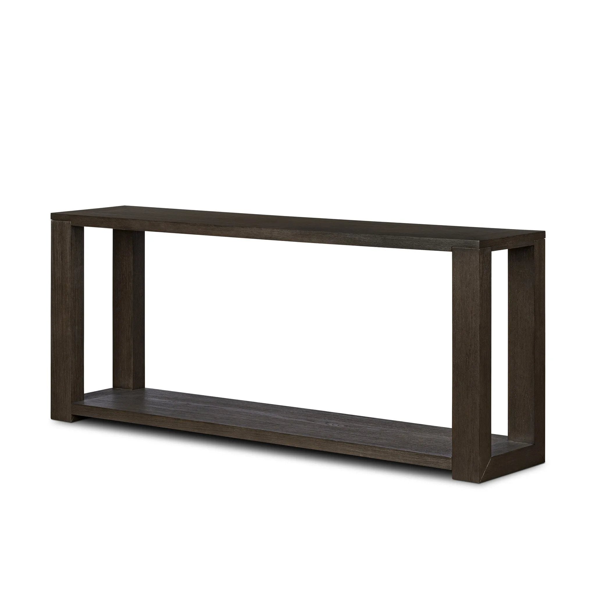 Made from oak veneer finished in a dark anthracite, a long, open-style console table brings a rich, clean look to your living or media room. Lower shelving brings bonus storage and display of media, favorite books and more Amethyst Home provides interior design, new home construction design consulting, vintage area rugs, and lighting in the Houston metro area.