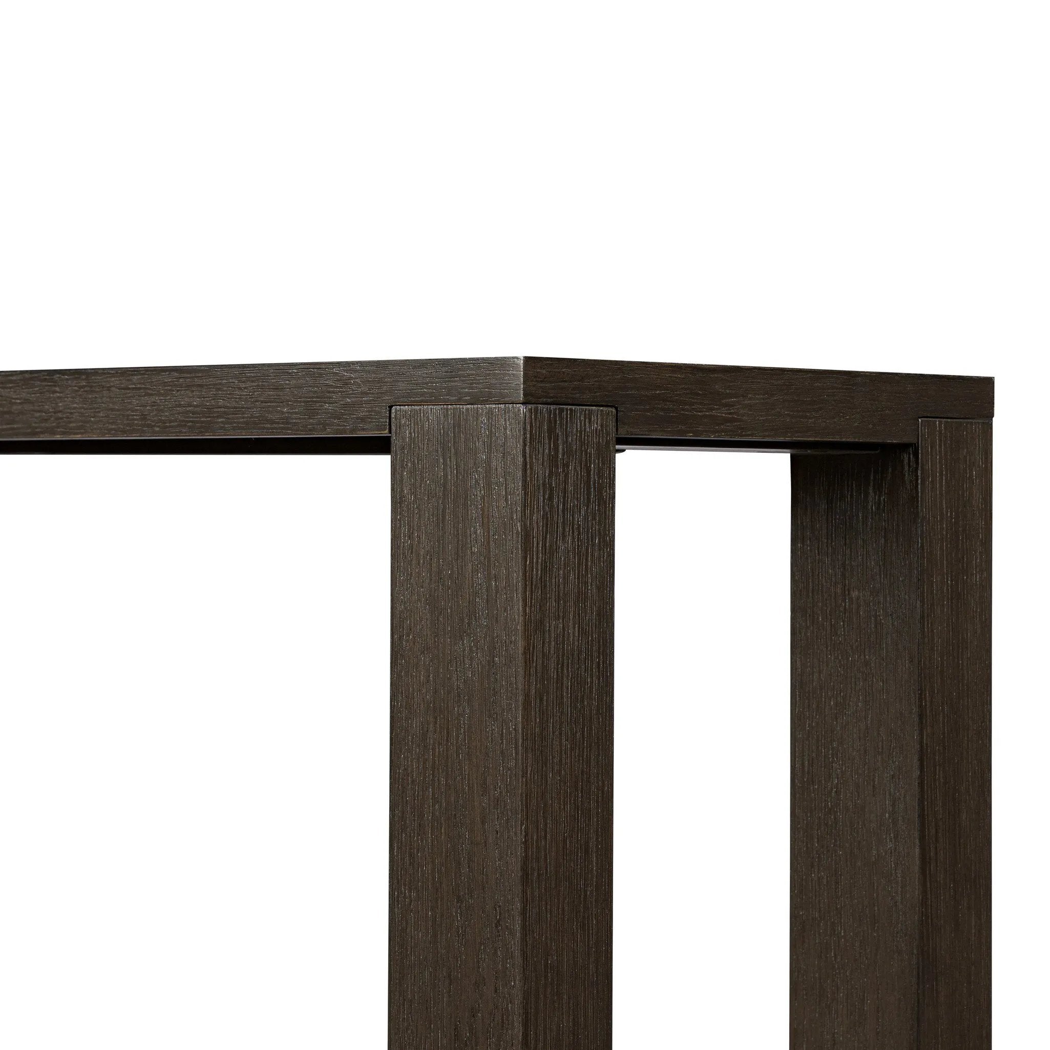 Made from oak veneer finished in a dark anthracite, a long, open-style console table brings a rich, clean look to your living or media room. Lower shelving brings bonus storage and display of media, favorite books and more Amethyst Home provides interior design, new home construction design consulting, vintage area rugs, and lighting in the Portland metro area.