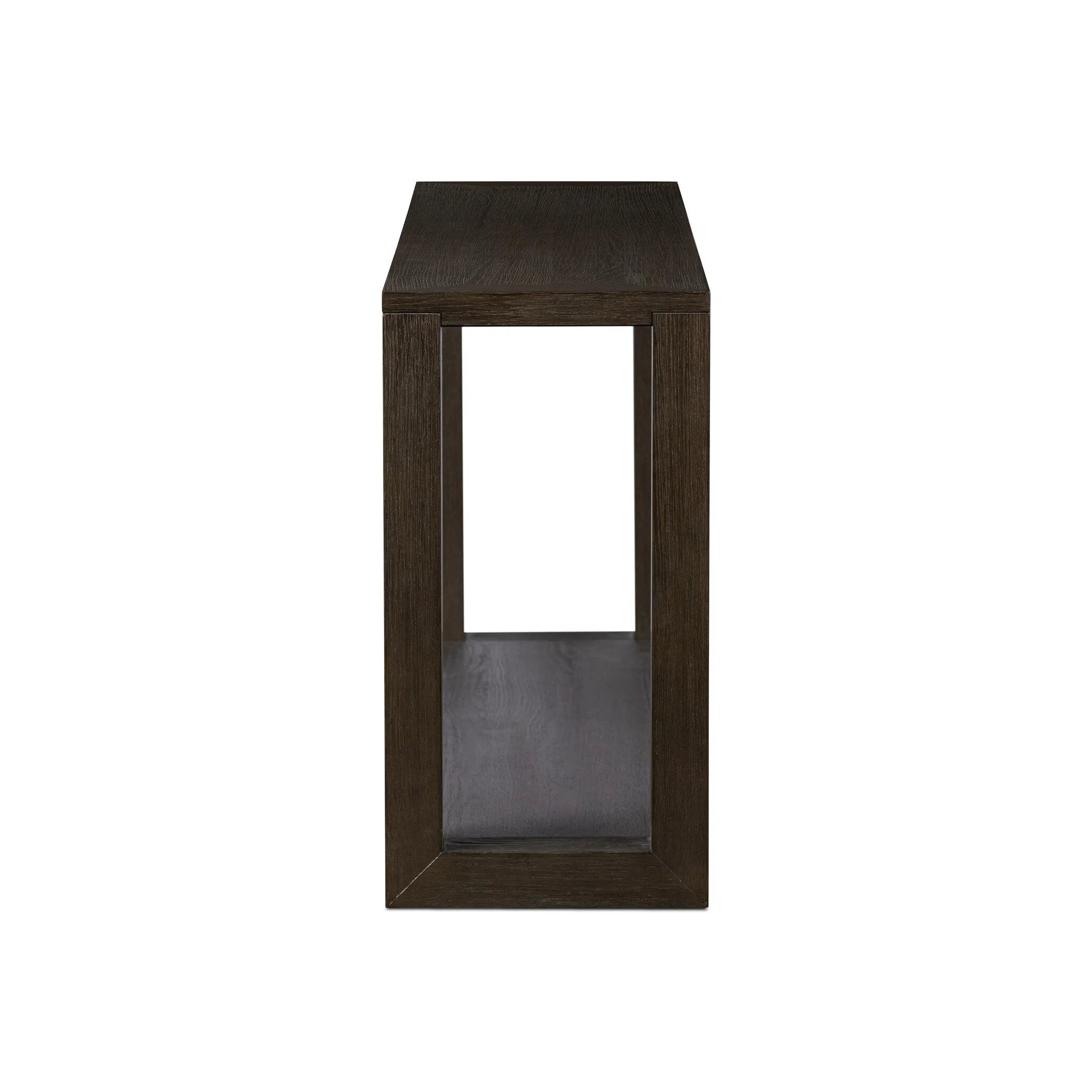 Made from oak veneer finished in a dark anthracite, a long, open-style console table brings a rich, clean look to your living or media room. Lower shelving brings bonus storage and display of media, favorite books and more Amethyst Home provides interior design, new home construction design consulting, vintage area rugs, and lighting in the Salt Lake City metro area.