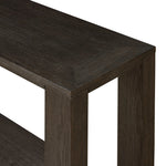 Made from oak veneer finished in a dark anthracite, a long, open-style console table brings a rich, clean look to your living or media room. Lower shelving brings bonus storage and display of media, favorite books and more Amethyst Home provides interior design, new home construction design consulting, vintage area rugs, and lighting in the Scottsdale metro area.