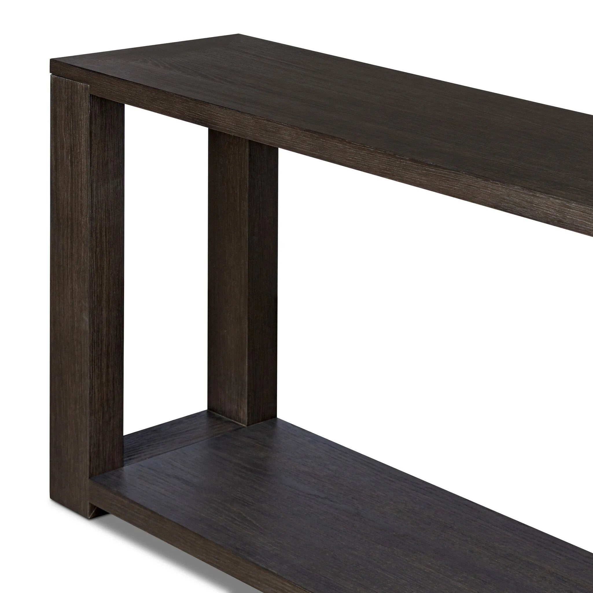 Made from oak veneer finished in a dark anthracite, a long, open-style console table brings a rich, clean look to your living or media room. Lower shelving brings bonus storage and display of media, favorite books and more Amethyst Home provides interior design, new home construction design consulting, vintage area rugs, and lighting in the Washington metro area.