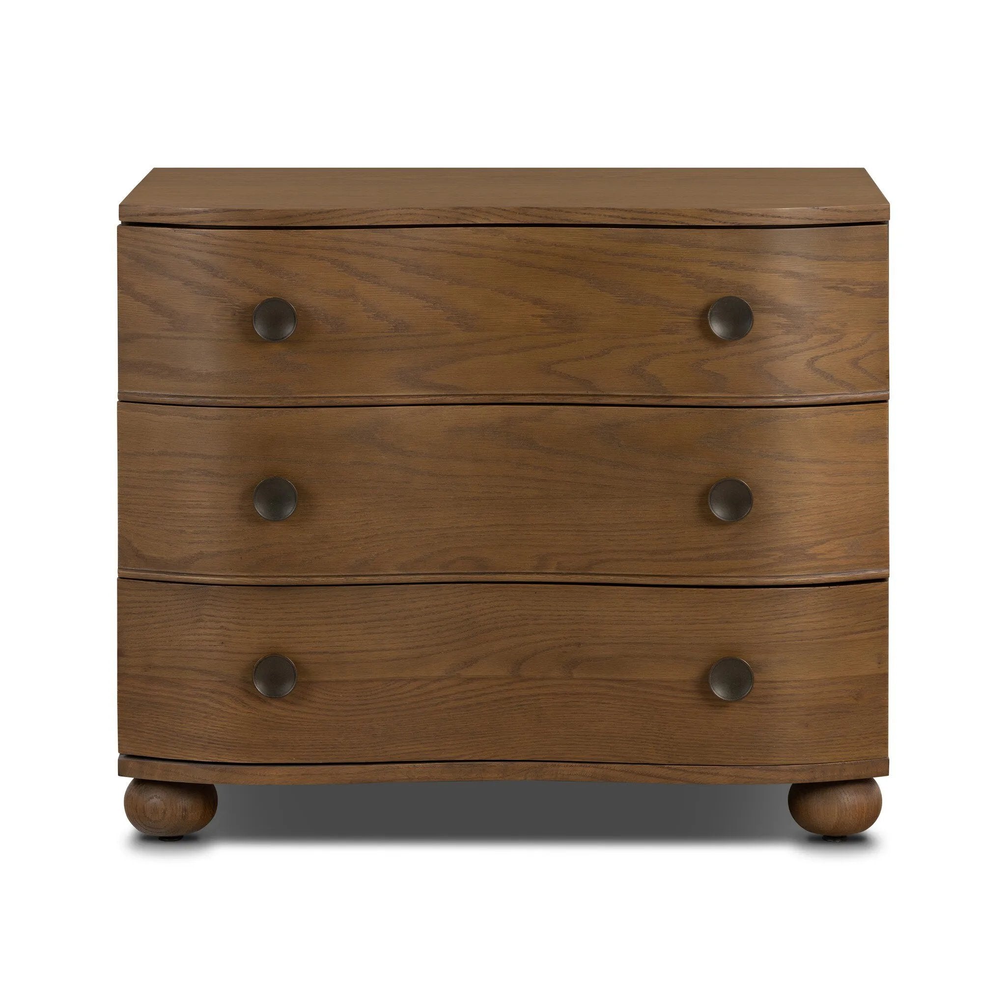 Made from solid oak and finished in a toasted oak, this three-drawer nightstand is inspired by European antiques to bring both style and storage space to the bedroom Amethyst Home provides interior design, new home construction design consulting, vintage area rugs, and lighting in the Calabasas metro area.