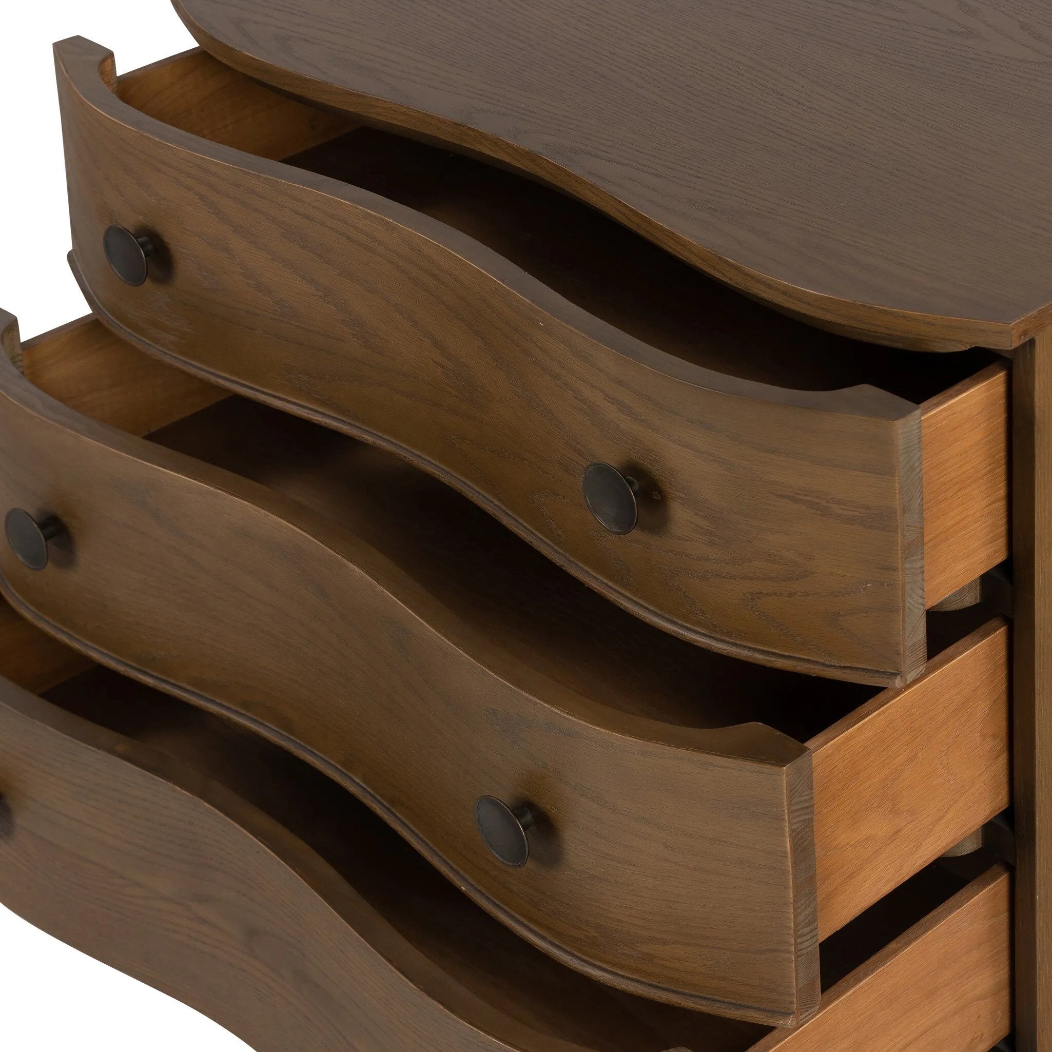 Featuring Tiago Toasted Oak Nightstand by Four Hands at Amethyst Home. Made from solid oak and finished in a toasted oak, this three-drawer nightstand is inspired by European antiques to bring both style and storage space to the bedroom. Overall Dimensions: 32.00"w x 21.75"d x 26.50"h. Amethyst Home provides interior design, new home construction design consulting, vintage area rugs, and lighting in the Monterey metro area.