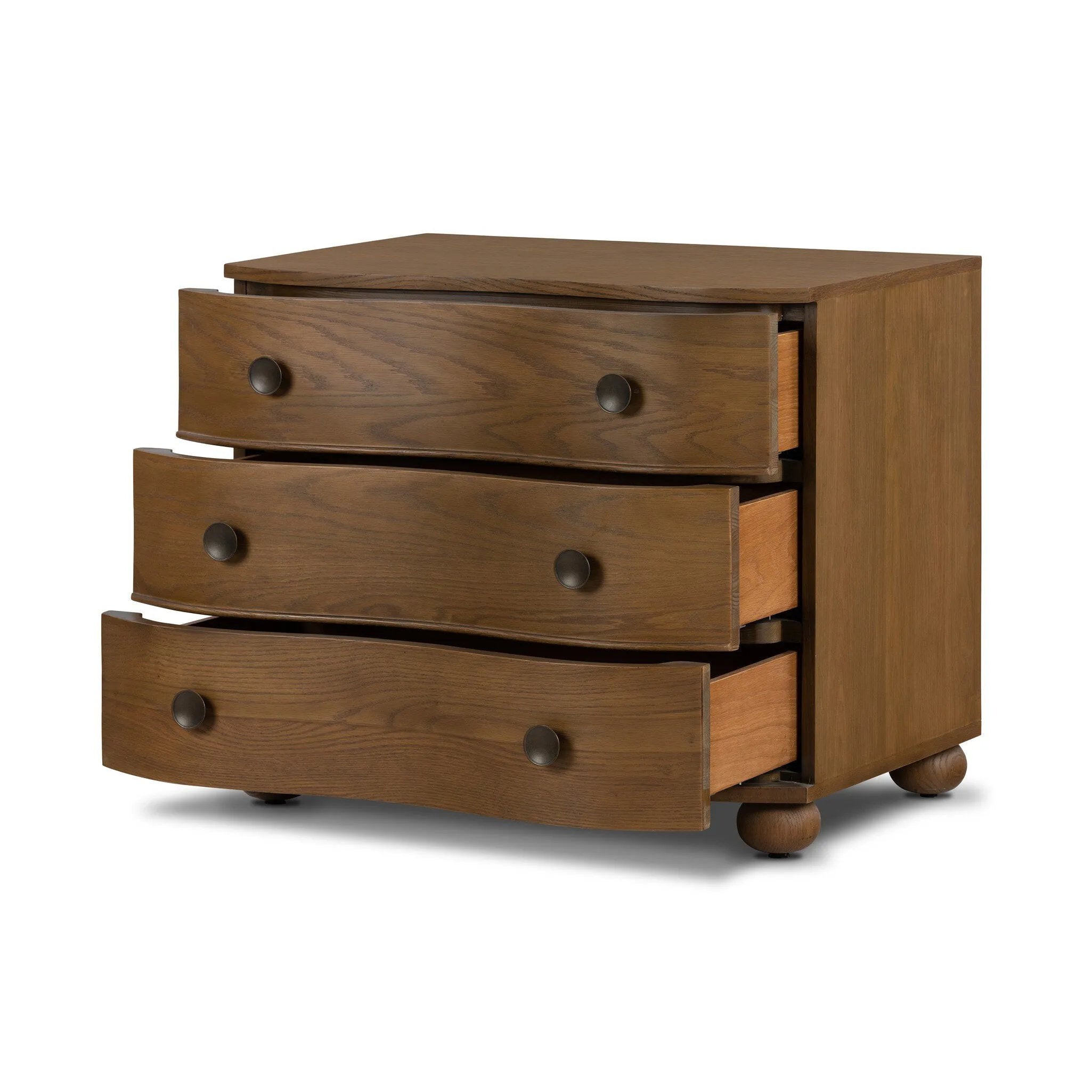Featuring Tiago Toasted Oak Nightstand by Four Hands at Amethyst Home. Made from solid oak and finished in a toasted oak, this three-drawer nightstand is inspired by European antiques to bring both style and storage space to the bedroom. Overall Dimensions: 32.00"w x 21.75"d x 26.50"h. Amethyst Home provides interior design, new home construction design consulting, vintage area rugs, and lighting in the Scottsdale metro area.