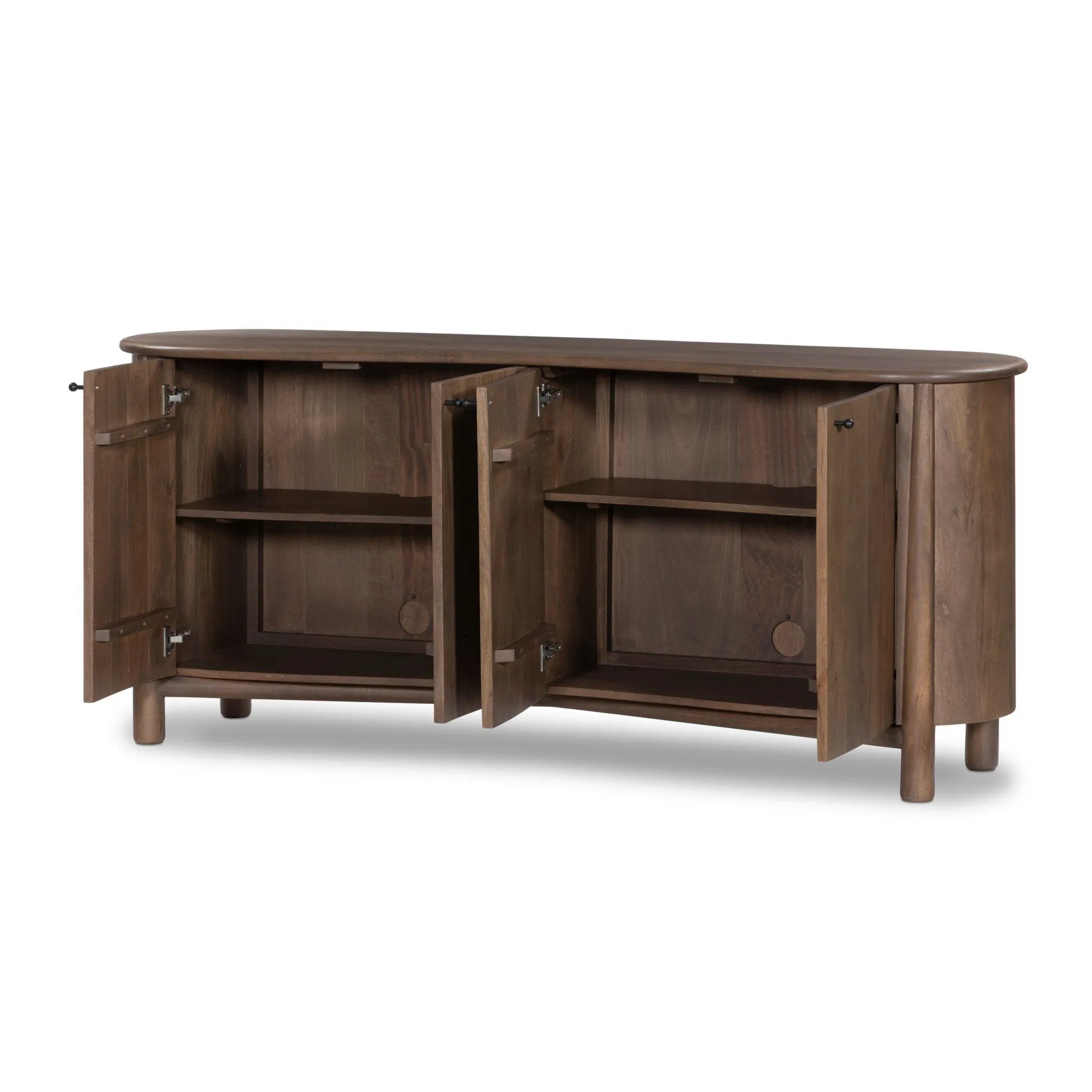 Store favorite table linens and serveware in this organically shaped sideboard of taupe-washed solid mango. A beautifully curved silhouette is complemented by rounded tapered legs and a clean four-door format.As lovers of modern materials at Amethyst, we love the nature inspired Tindra Sideboard - Washed Taupe Mango. Amethyst Home provides interior design, new home construction design consulting, vintage area rugs, and lighting in the Omaha metro area.
