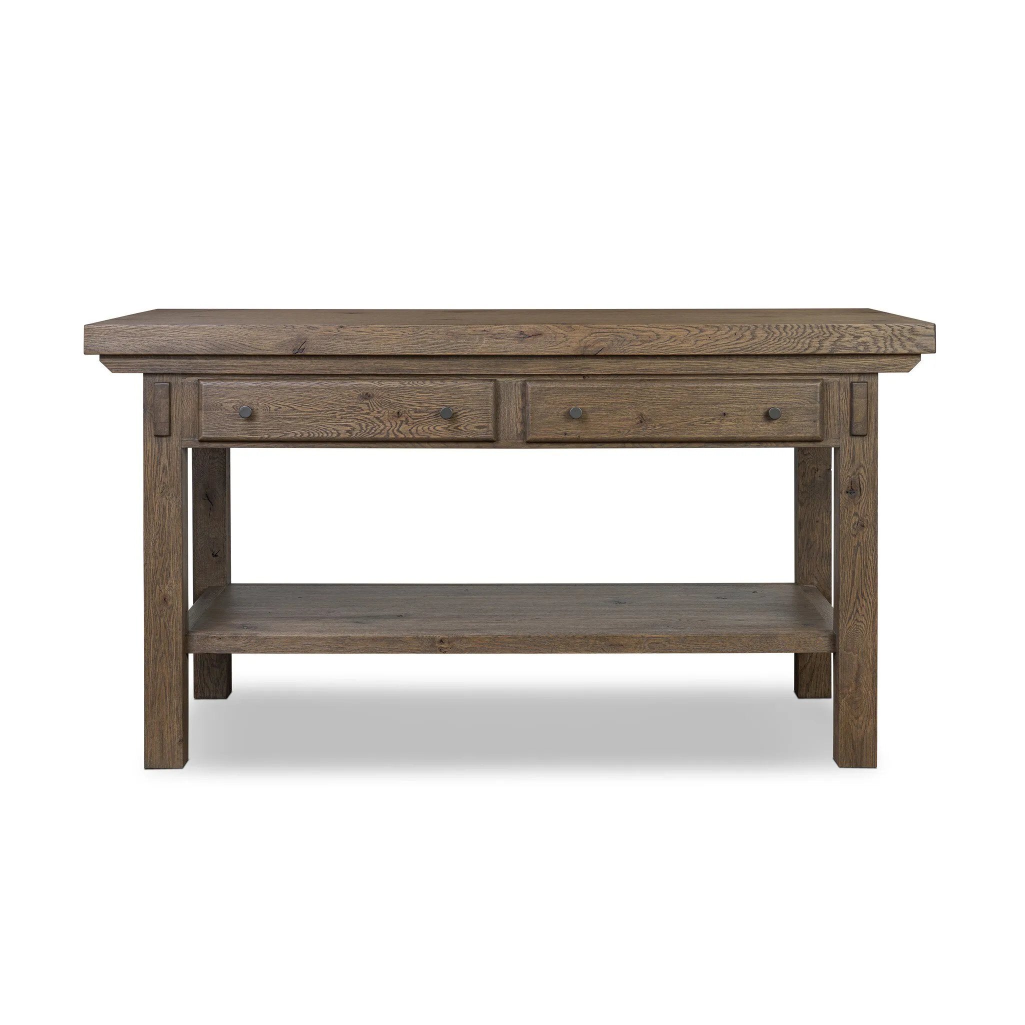 This butcher block-inspired island maximizes space with a streamlined design. Crafted from solid oak with beautiful graining throughout and iron accents. Features a thick tabletop, two drawers and a wide open shelf below.As fans of luxe design at Amethyst, we love the nature inspired Tobiah Kitchen Island. Amethyst Home provides interior design, new home construction design consulting, vintage area rugs, and lighting in the Boston metro area.