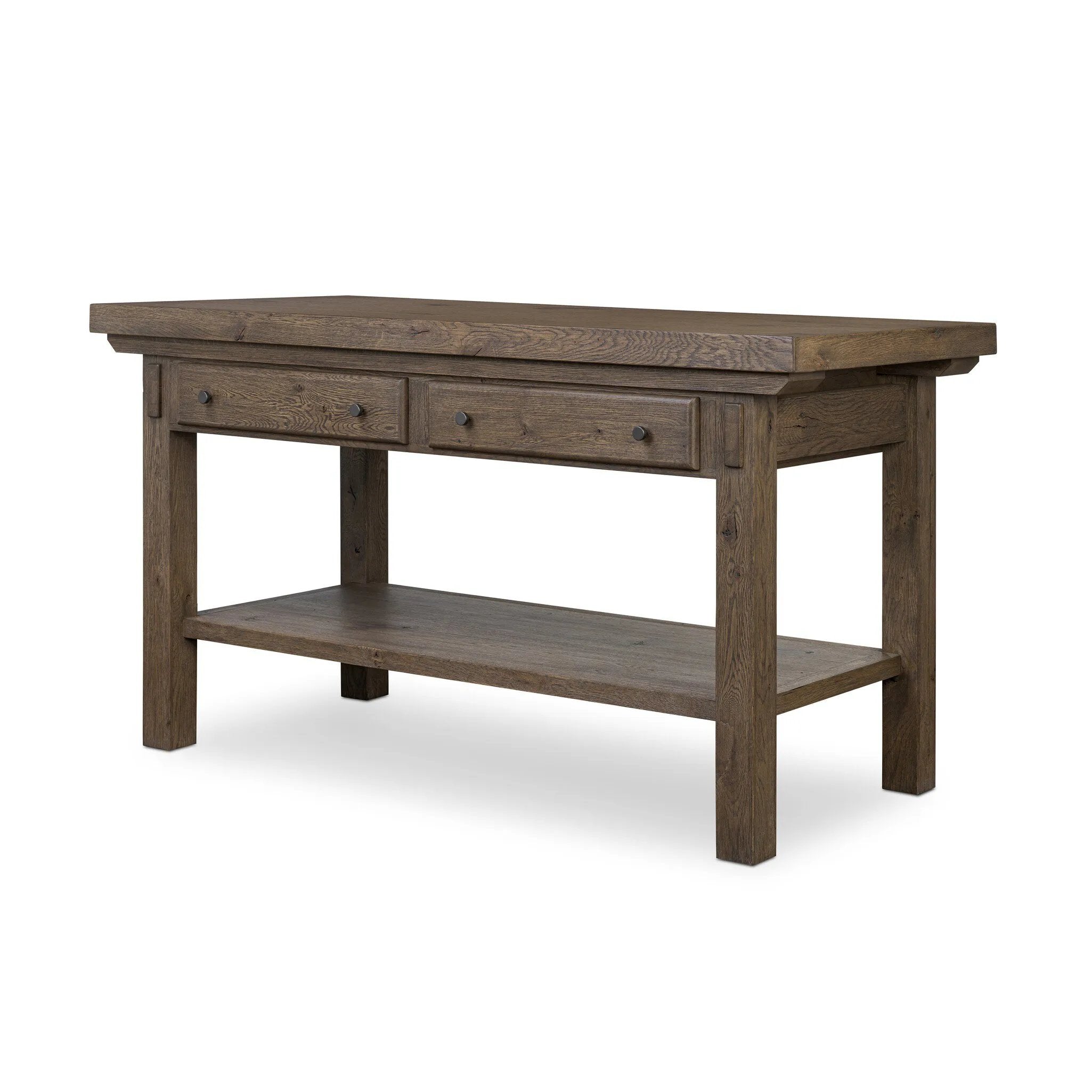 This butcher block-inspired island maximizes space with a streamlined design. Crafted from solid oak with beautiful graining throughout and iron accents. Features a thick tabletop, two drawers and a wide open shelf below.As fans of luxe design at Amethyst, we love the nature inspired Tobiah Kitchen Island. Amethyst Home provides interior design, new home construction design consulting, vintage area rugs, and lighting in the Omaha metro area.