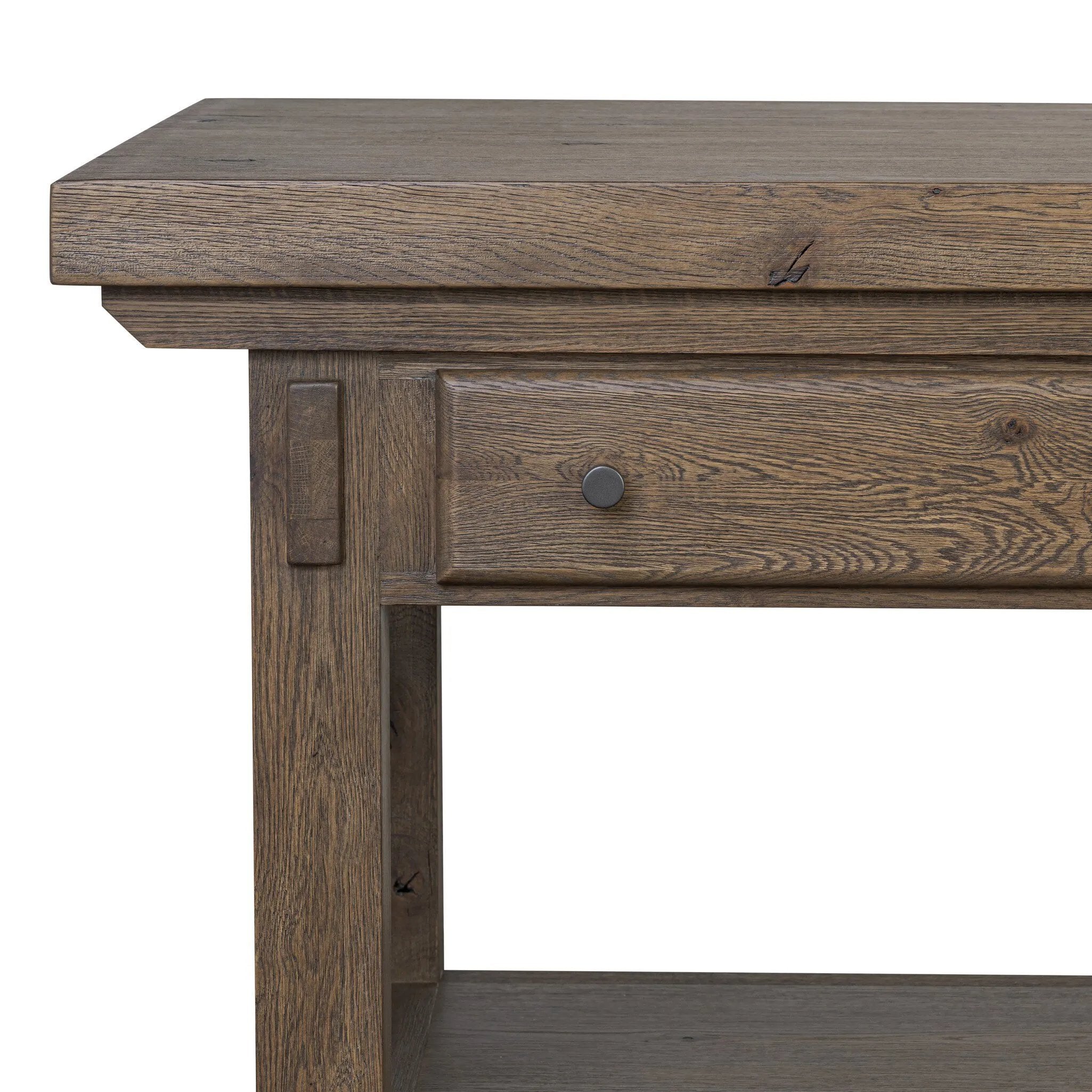 This butcher block-inspired island maximizes space with a streamlined design. Crafted from solid oak with beautiful graining throughout and iron accents. Features a thick tabletop, two drawers and a wide open shelf below.As fans of luxe design at Amethyst, we love the nature inspired Tobiah Kitchen Island. Amethyst Home provides interior design, new home construction design consulting, vintage area rugs, and lighting in the Salt Lake City metro area.