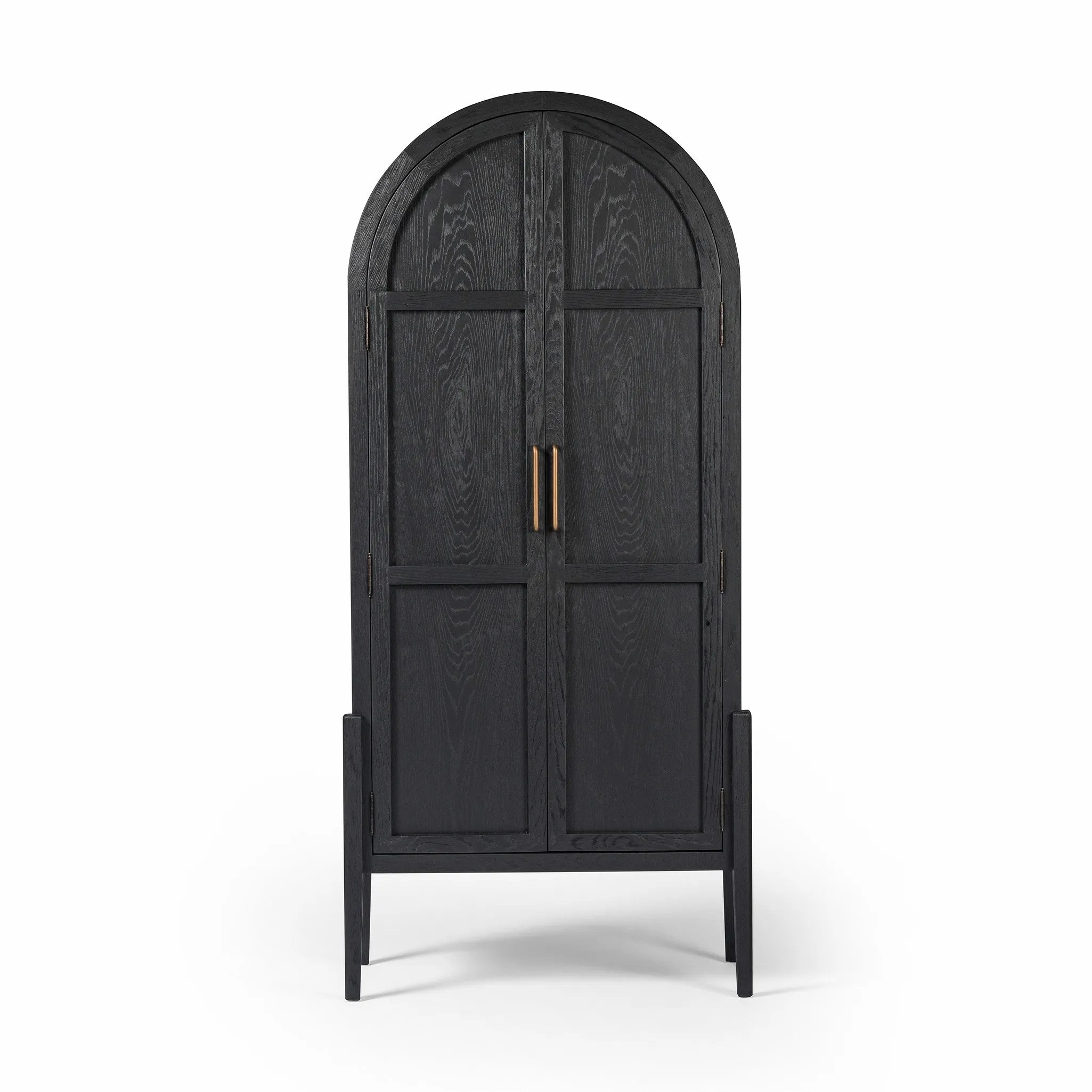 Store it in style. Beautifully shaped cabinetry in drifted matte black veneer features spacious interior shelving and recessed wood panel doors, ready for storing your treasures Amethyst Home provides interior design, new home construction design consulting, vintage area rugs, and lighting in the Los Angeles metro area.