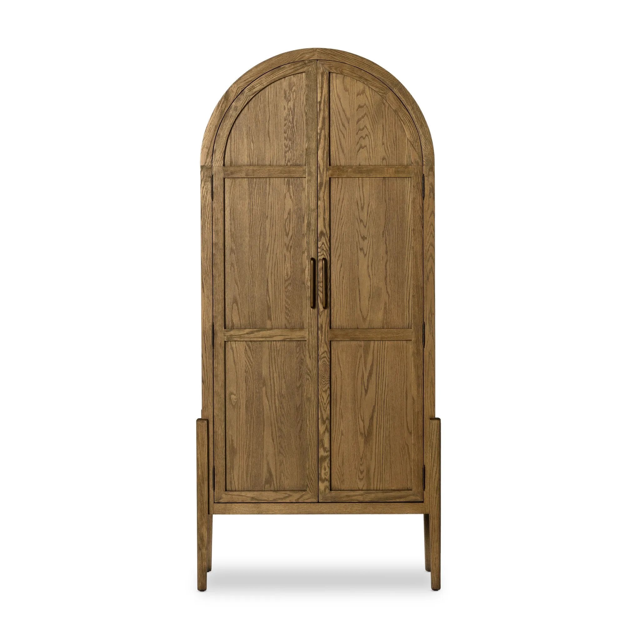 Store it in style. Beautifully shaped cabinetry of solid oak with recessed wood panels and iron hardware in an antique brass finish. Features thick, spacious shelves to store kitchenware, favorite books and treasured objects Amethyst Home provides interior design, new home construction design consulting, vintage area rugs, and lighting in the Los Angeles metro area.
