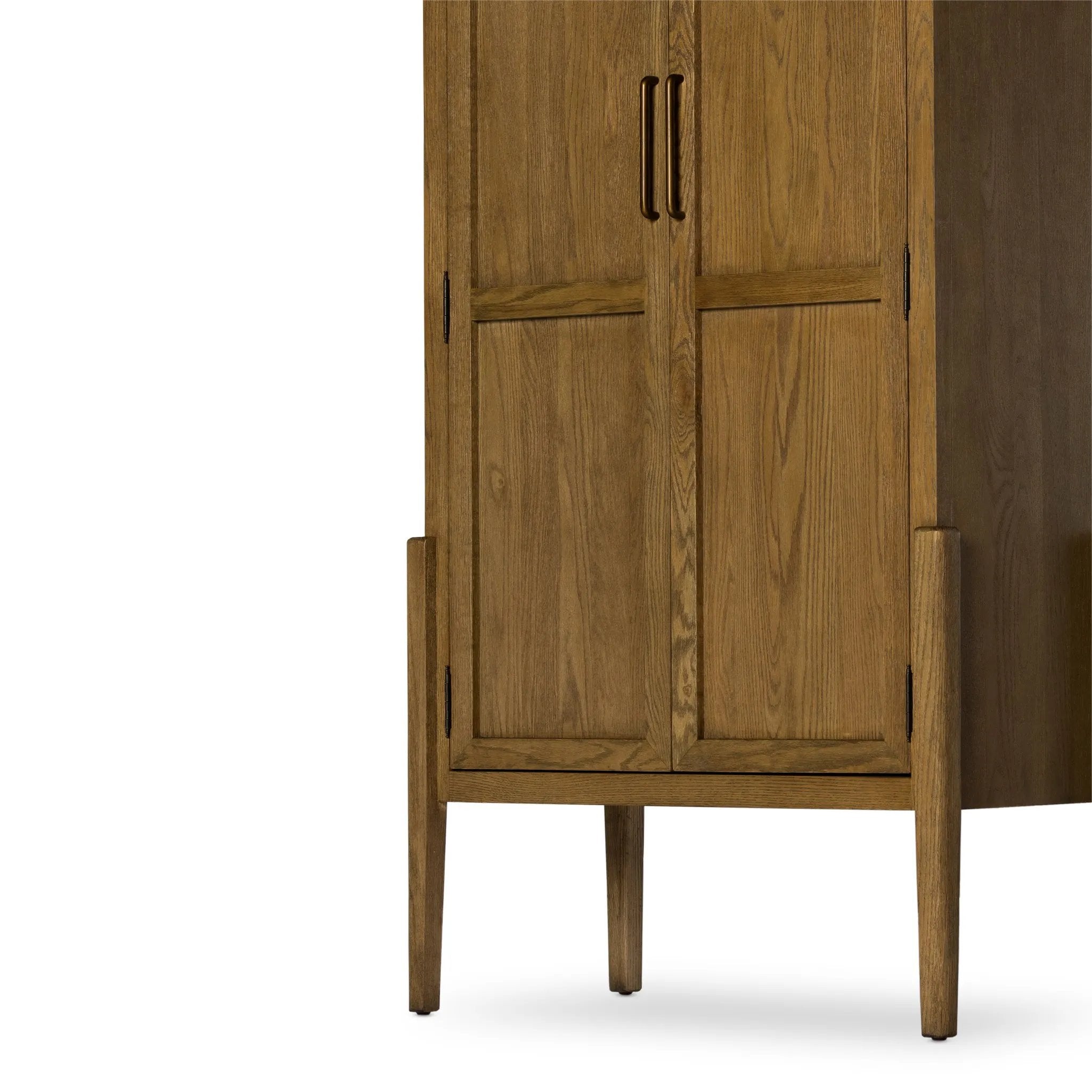 Featuring Tolle Drifted Oak Solid Panel Door Cabinet by Four Hands at Amethyst Home. Store it in style. Beautifully shaped cabinetry of solid oak with recessed wood panels and iron hardware in an antique brass finish. Features thick, spacious shelves to store kitchenware, favorite books and treasured objects.Overall Dimensions: 38.00"w x 19.00"d x 84.00. Amethyst Home provides interior design, new home construction design consulting, vintage area rugs, and lighting in the Newport Beach metro area.