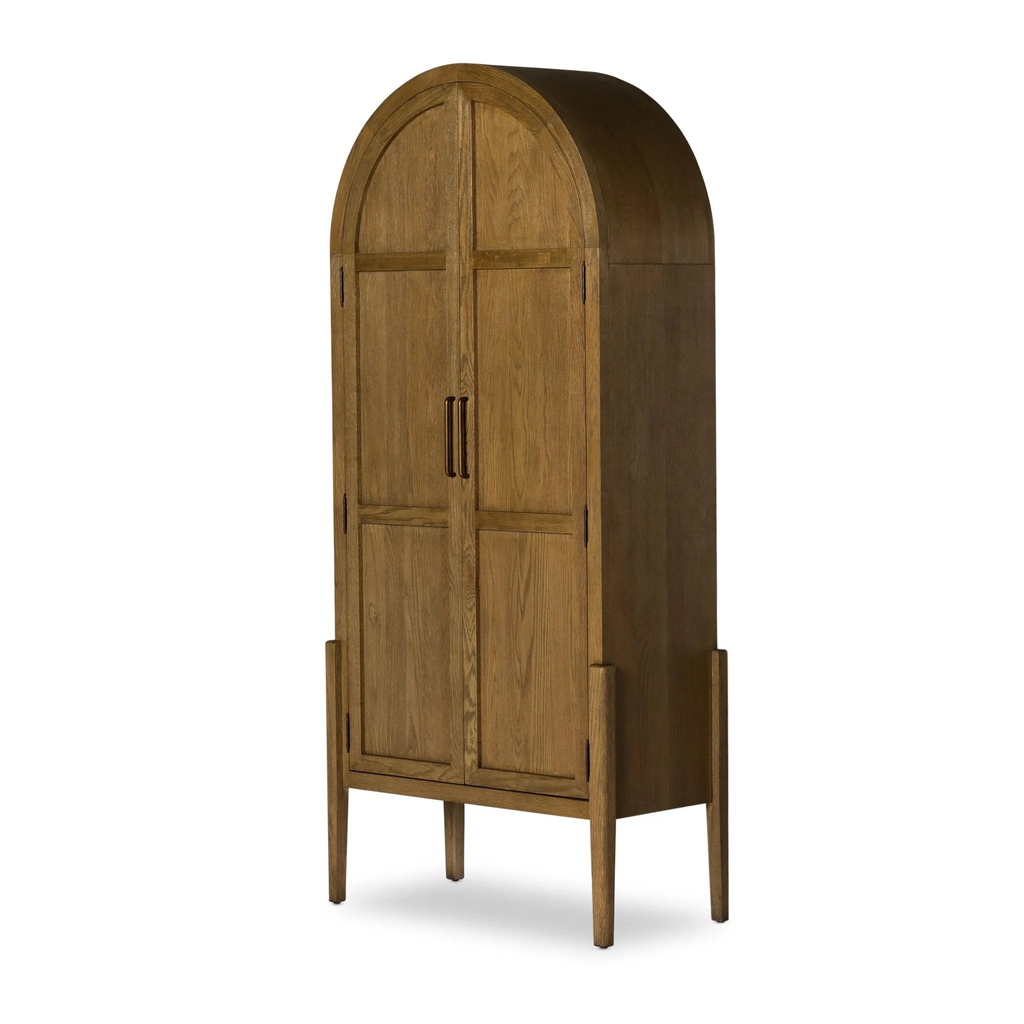 Store it in style. Beautifully shaped cabinetry of solid oak with recessed wood panels and iron hardware in an antique brass finish. Features thick, spacious shelves to store kitchenware, favorite books and treasured objects Amethyst Home provides interior design, new home construction design consulting, vintage area rugs, and lighting in the Salt Lake City metro area.