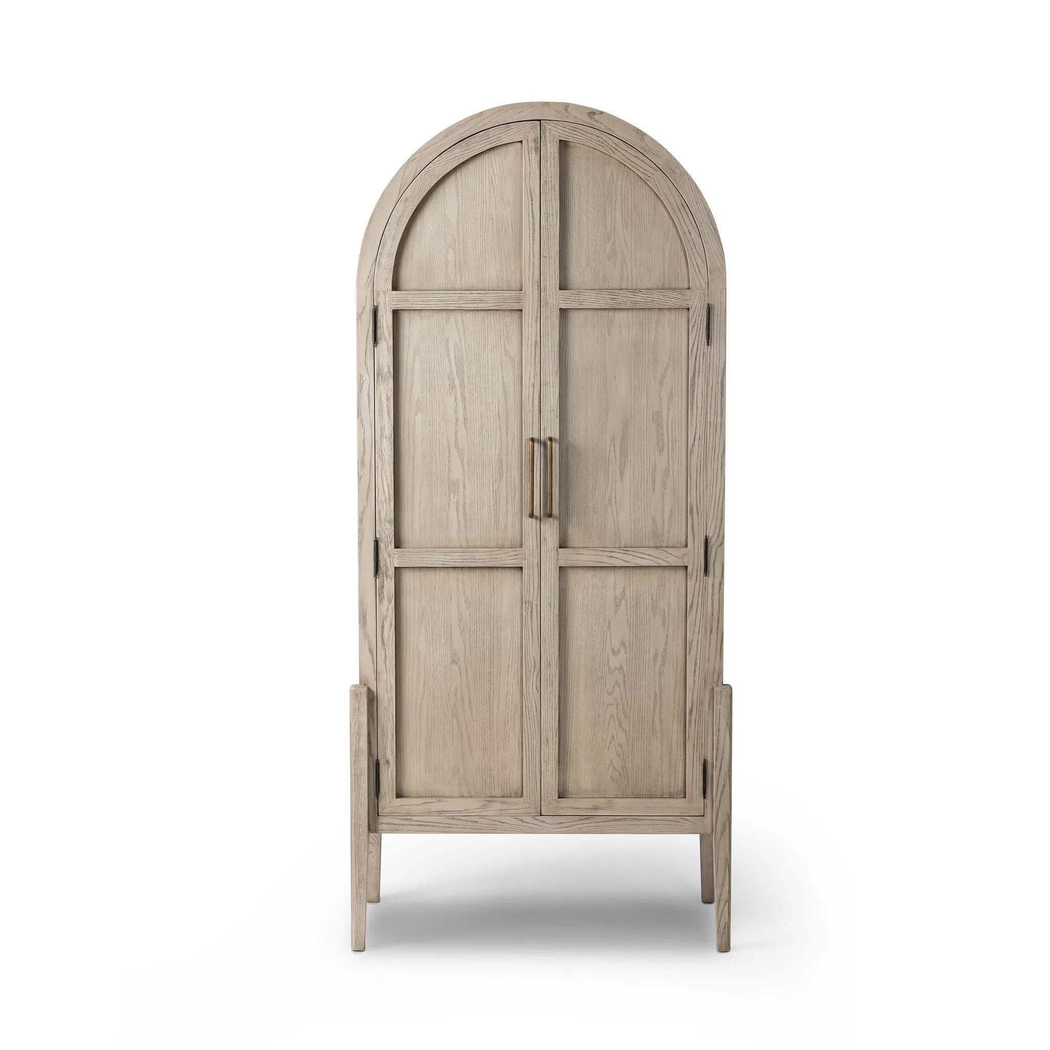 Store it in style. Beautifully shaped cabinetry of rustic white solid oak features spacious interior shelving and recessed wood panel doors, ready for storing your treasures Amethyst Home provides interior design, new home construction design consulting, vintage area rugs, and lighting in the Los Angeles metro area.