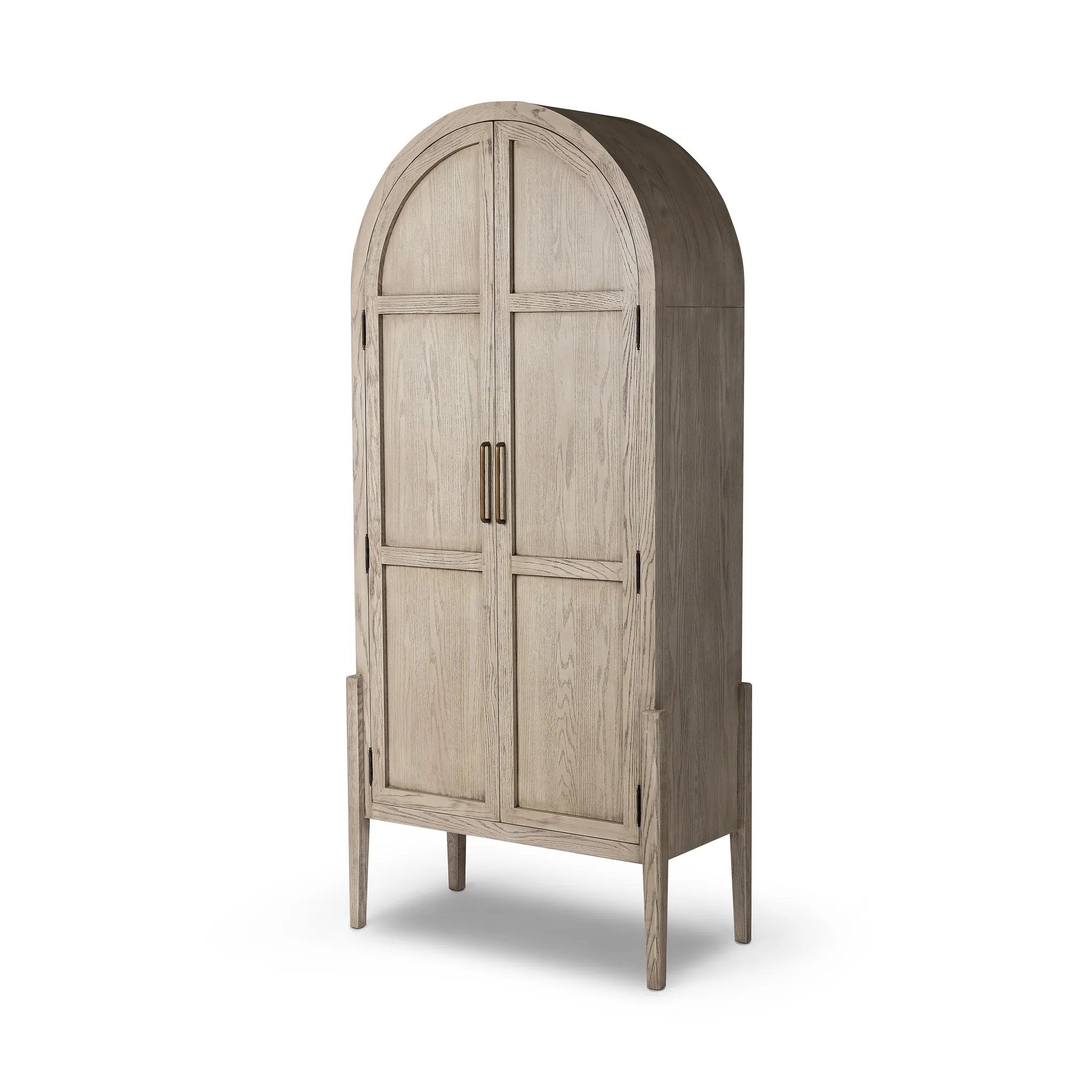 Store it in style. Beautifully shaped cabinetry of rustic white solid oak features spacious interior shelving and recessed wood panel doors, ready for storing your treasures Amethyst Home provides interior design, new home construction design consulting, vintage area rugs, and lighting in the Seattle metro area.