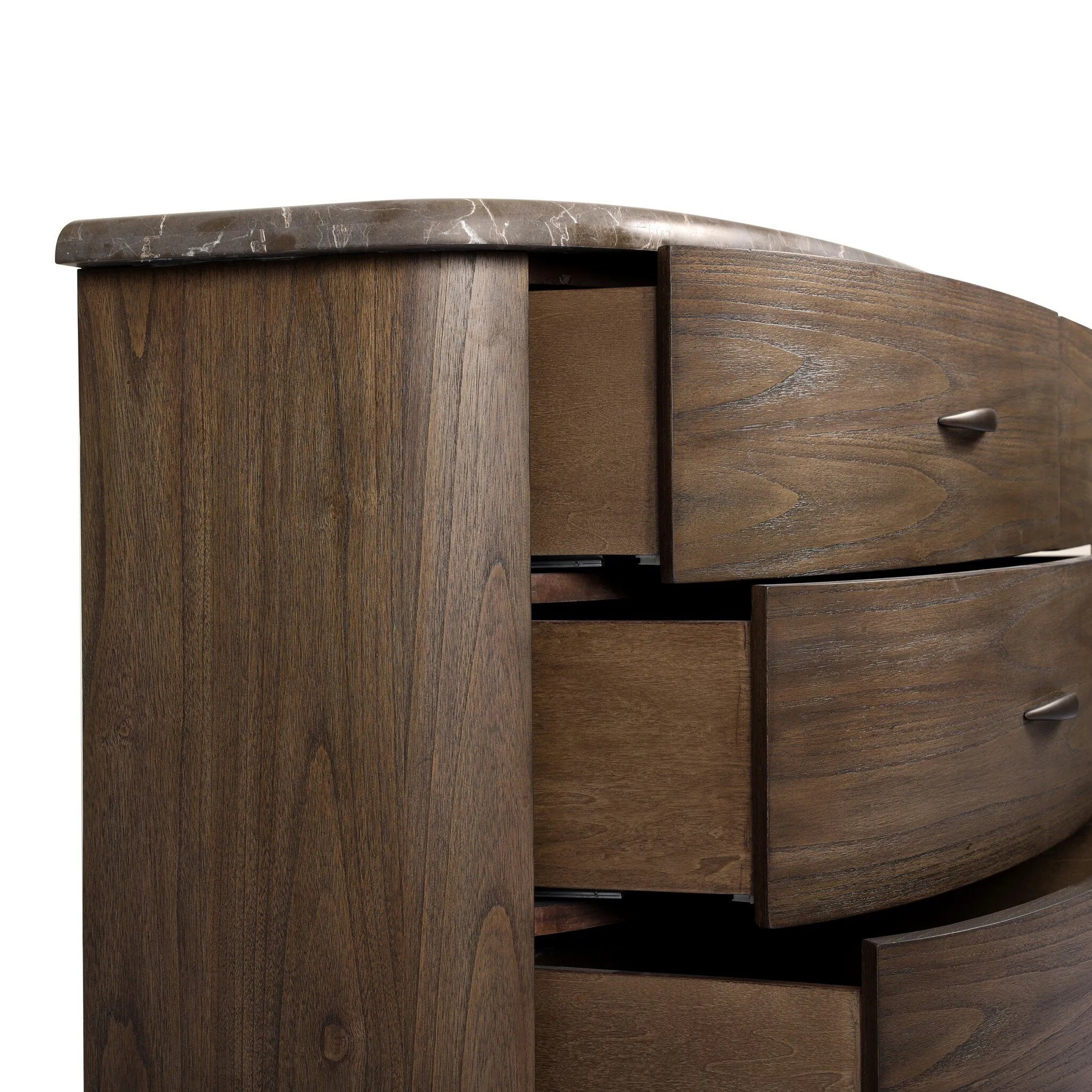 Mixed materials define this Art Deco-inspired dresser. Vein-rich marble in a warm cofffee color tops a sungkai case for a timeless yet modern look.As lovers of modern aesthetics at Amethyst, we love the warm modern inspired Tovae Dresser - Stained Saddle Brown Sungkai. Amethyst Home provides interior design, new home construction design consulting, vintage area rugs, and lighting in the Dallas metro area.