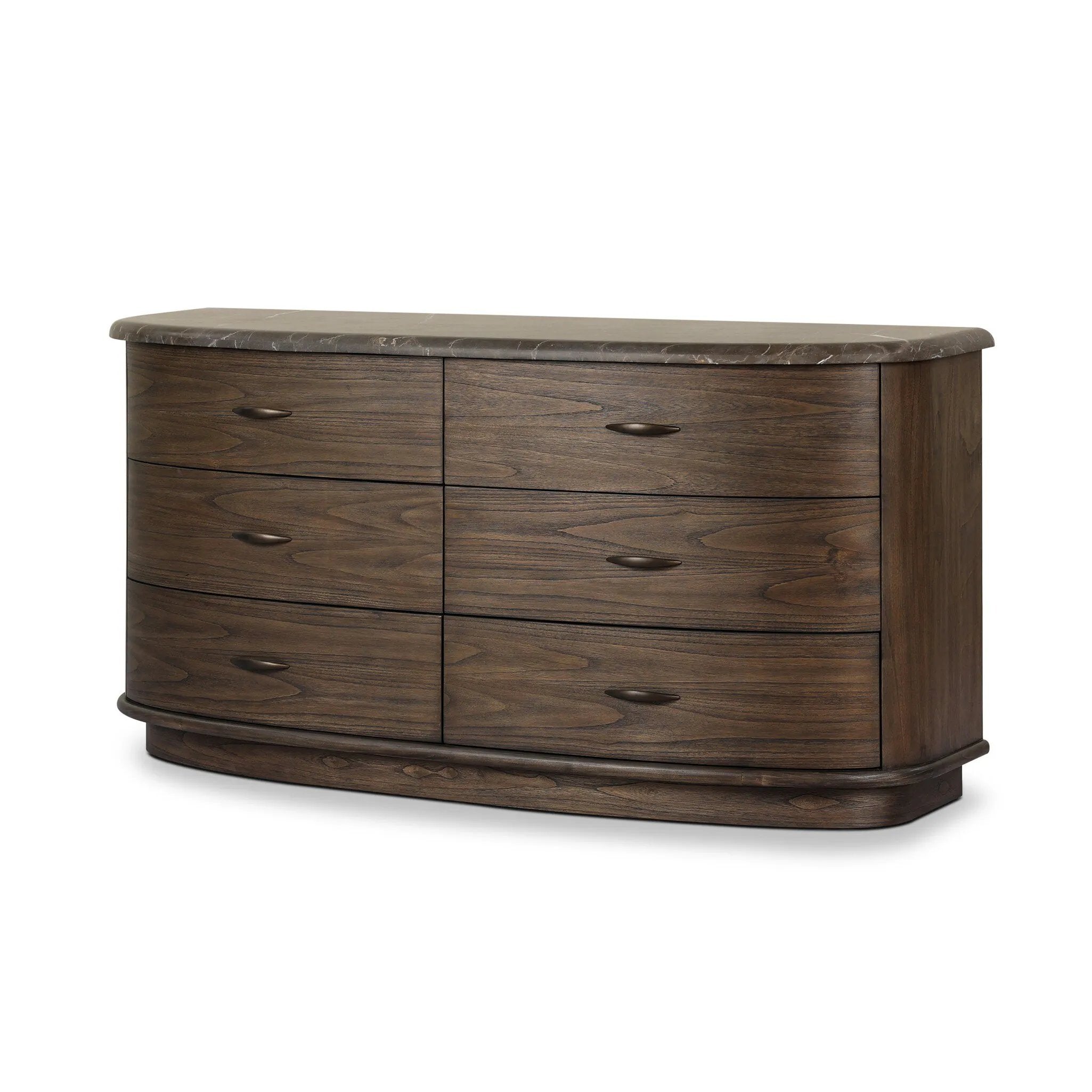 Mixed materials define this Art Deco-inspired dresser. Vein-rich marble in a warm cofffee color tops a sungkai case for a timeless yet modern look.As lovers of modern aesthetics at Amethyst, we love the warm modern inspired Tovae Dresser - Stained Saddle Brown Sungkai. Amethyst Home provides interior design, new home construction design consulting, vintage area rugs, and lighting in the Monterey metro area.
