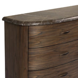 Mixed materials define this Art Deco-inspired dresser. Vein-rich marble in a warm cofffee color tops a sungkai case for a timeless yet modern look.As lovers of modern aesthetics at Amethyst, we love the warm modern inspired Tovae Dresser - Stained Saddle Brown Sungkai. Amethyst Home provides interior design, new home construction design consulting, vintage area rugs, and lighting in the Salt Lake City metro area.