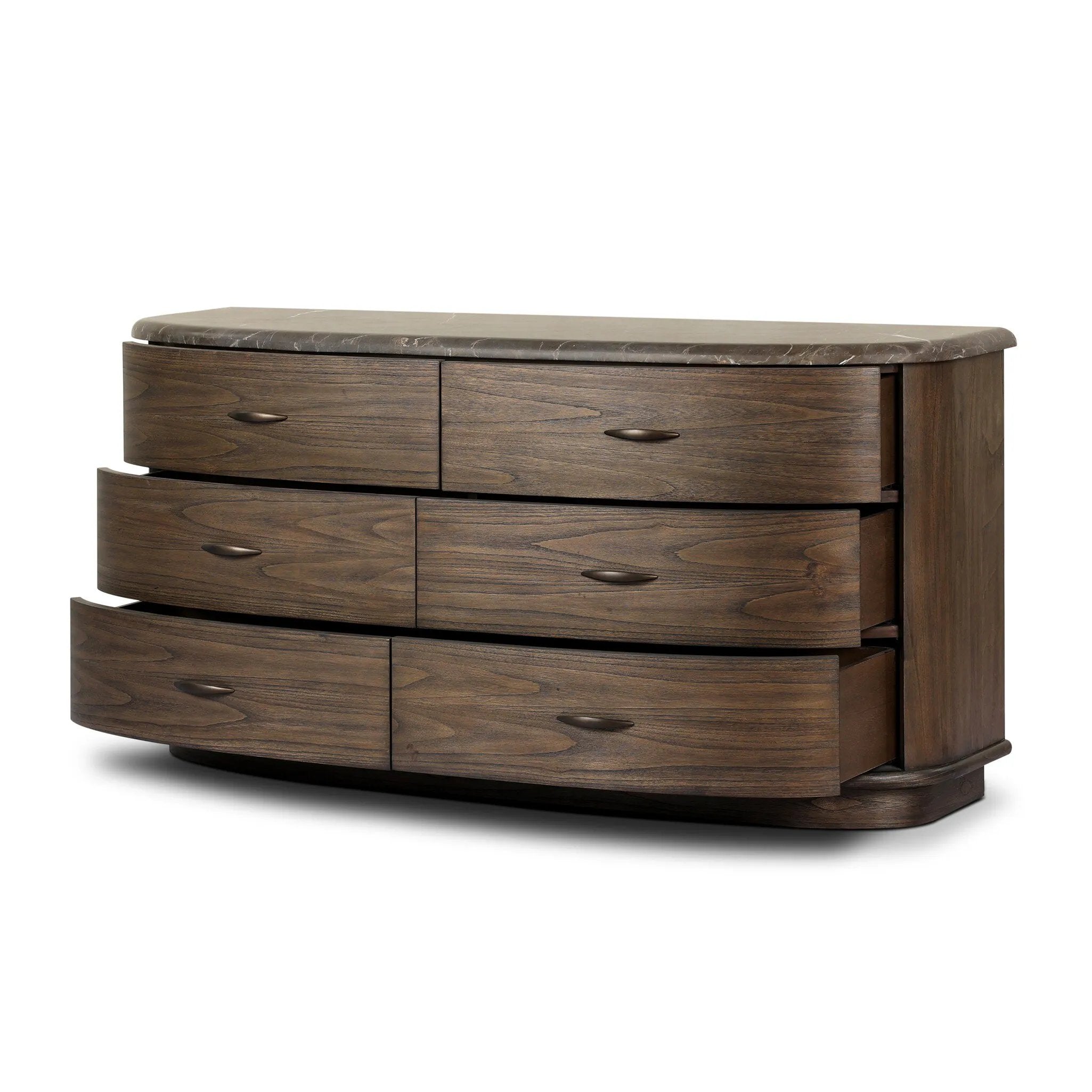 Mixed materials define this Art Deco-inspired dresser. Vein-rich marble in a warm cofffee color tops a sungkai case for a timeless yet modern look.As lovers of modern aesthetics at Amethyst, we love the warm modern inspired Tovae Dresser - Stained Saddle Brown Sungkai. Amethyst Home provides interior design, new home construction design consulting, vintage area rugs, and lighting in the Washington metro area.