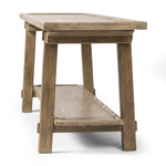 Featuring Trinity Distressed Light Oak Console Table by Four Hands at Amethyst Home. This Asian-inspired design made from light, distressed oak features mortise-and-tenon joinery, which connects protruding stretchers to sturdy legs. Lower shelving for bonus storage and display.Overall Dimensions: 78.00"w x 20.50"d x 27.00"hWeight : 96.78 lbsMaterials : Solid Oa. Amethyst Home provides interior design, new home construction design consulting, vintage area rugs, and lighting in the Tampa metro area.