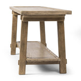 Featuring Trinity Distressed Light Oak Console Table by Four Hands at Amethyst Home. This Asian-inspired design made from light, distressed oak features mortise-and-tenon joinery, which connects protruding stretchers to sturdy legs. Lower shelving for bonus storage and display.Overall Dimensions: 78.00"w x 20.50"d x 27.00"hWeight : 96.78 lbsMaterials : Solid Oa. Amethyst Home provides interior design, new home construction design consulting, vintage area rugs, and lighting in the Tampa metro area.