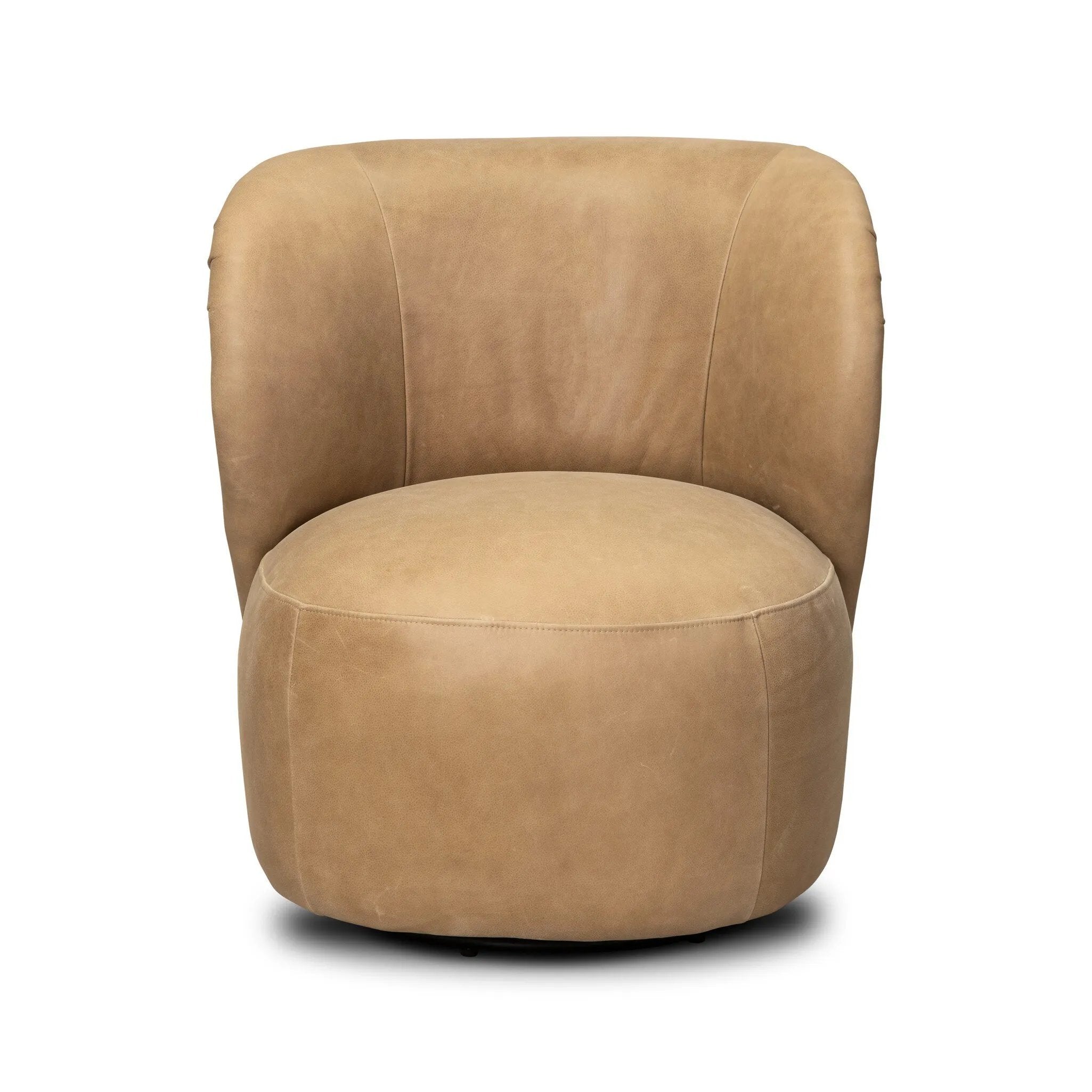 Great for smaller spaces or a reading nook, this petite slipper chair is wrapped in top-grain leather and backed with textured wood that folds into wings, cradling the head and shoulders for a little extra support. Features a 360-degree swivel base. Amethyst Home provides interior design, new home construction design consulting, vintage area rugs, and lighting in the Alpharetta metro area.