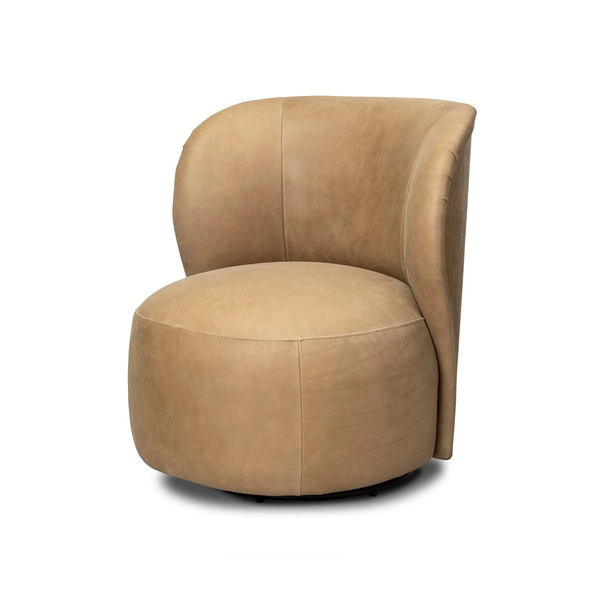 Great for smaller spaces or a reading nook, this petite slipper chair is wrapped in top-grain leather and backed with textured wood that folds into wings, cradling the head and shoulders for a little extra support. Features a 360-degree swivel base. Amethyst Home provides interior design, new home construction design consulting, vintage area rugs, and lighting in the Tampa metro area.