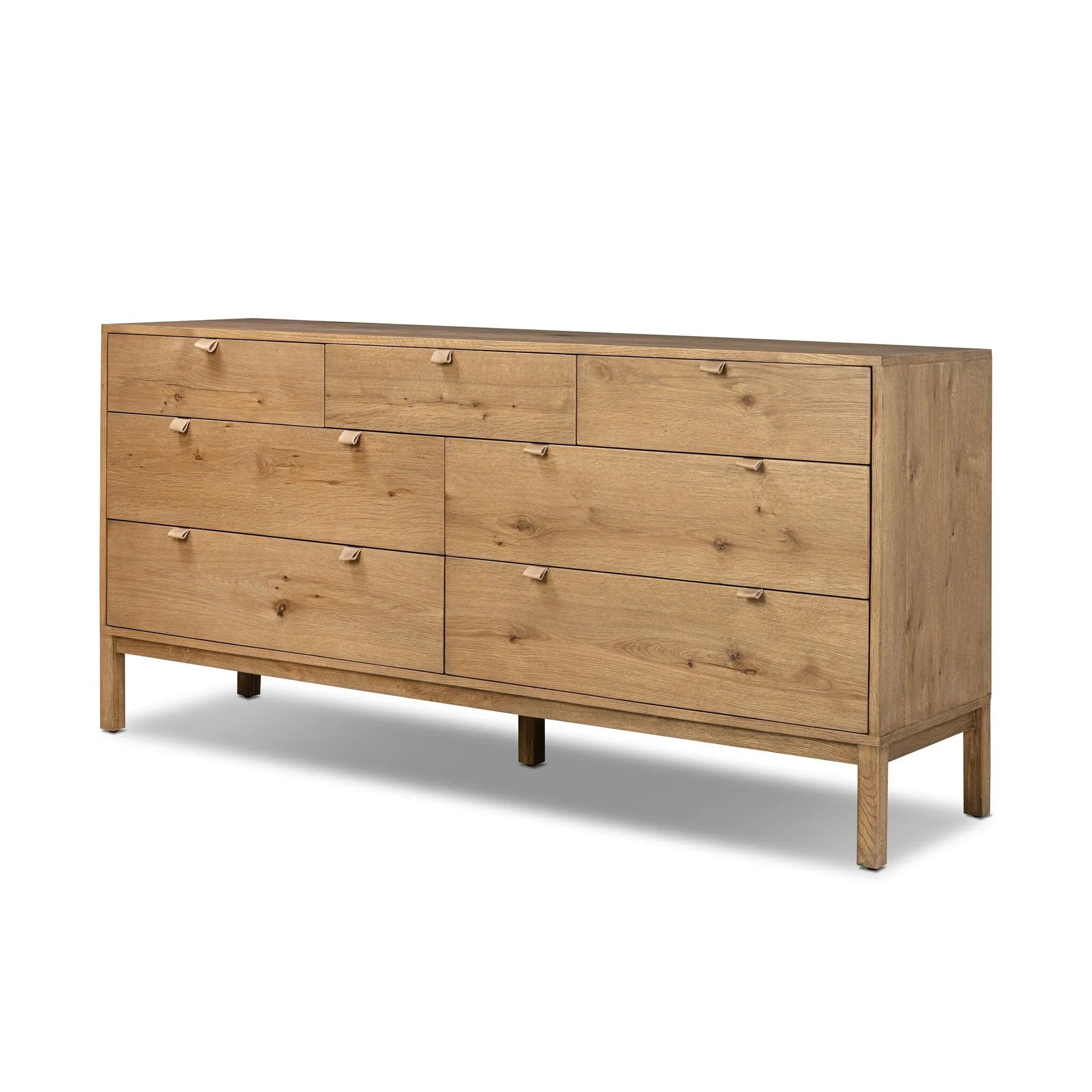 Modern Shaker style meets Scandinavian simplicity in this warm worn oak dresser. Seven spacious drawers with leather pulls provide plenty of room for clothing.As enthusiasts of organic modern materials at Amethyst, we love the warm modern inspired Tula 7 Drawer Dresser - Worn Oak Veneer. Amethyst Home provides interior design, new home construction design consulting, vintage area rugs, and lighting in the Omaha metro area.
