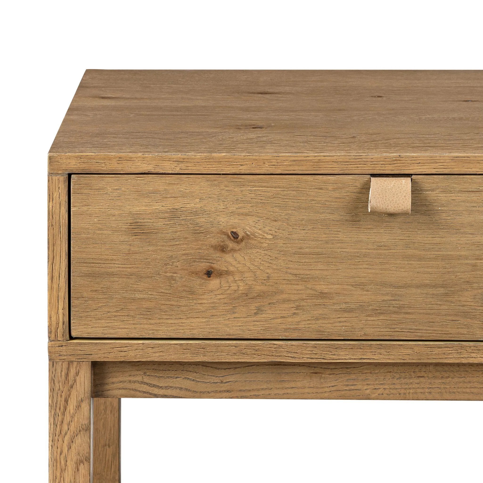 Modern Shaker style meets Scandinavian simplicity in this warm worn oak nightstand. A single drawer with a leather pull plus open lower shelving brings storage to the bedside.As enthusiasts of natural aesthetics at Amethyst, we love the designer inspired Tula Nightstand - Worn Oak Veneer. Amethyst Home provides interior design, new home construction design consulting, vintage area rugs, and lighting in the Laguna Beach metro area.
