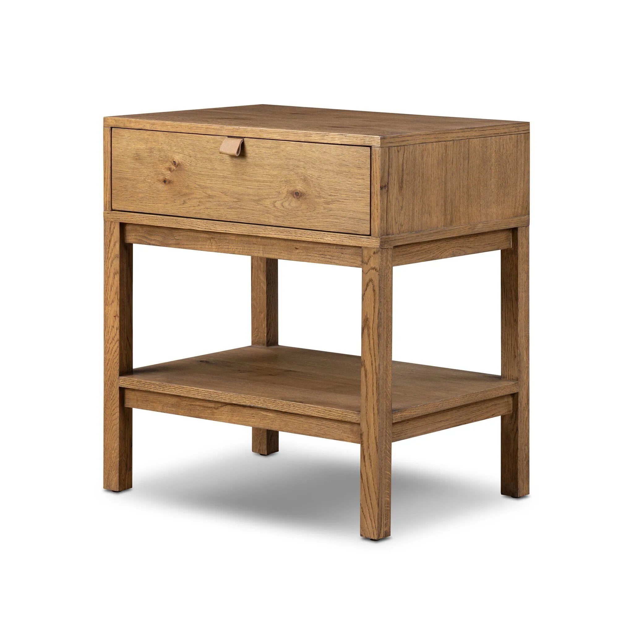 Modern Shaker style meets Scandinavian simplicity in this warm worn oak nightstand. A single drawer with a leather pull plus open lower shelving brings storage to the bedside.As enthusiasts of natural aesthetics at Amethyst, we love the designer inspired Tula Nightstand - Worn Oak Veneer. Amethyst Home provides interior design, new home construction design consulting, vintage area rugs, and lighting in the Monterey metro area.