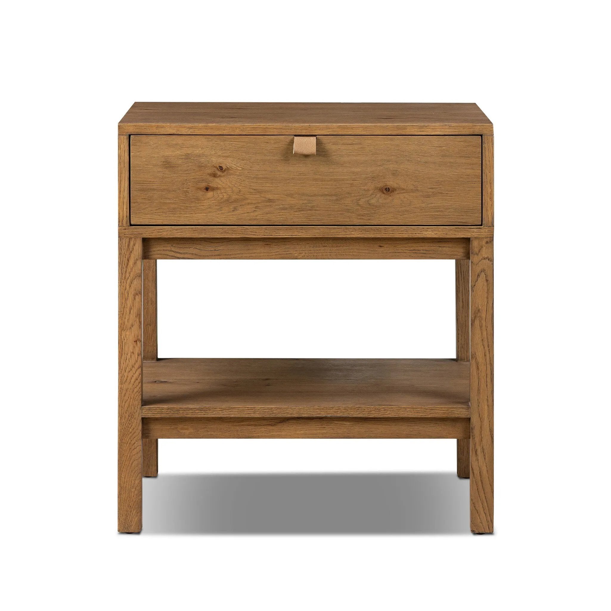 Modern Shaker style meets Scandinavian simplicity in this warm worn oak nightstand. A single drawer with a leather pull plus open lower shelving brings storage to the bedside.As enthusiasts of natural aesthetics at Amethyst, we love the designer inspired Tula Nightstand - Worn Oak Veneer. Amethyst Home provides interior design, new home construction design consulting, vintage area rugs, and lighting in the Scottsdale metro area.