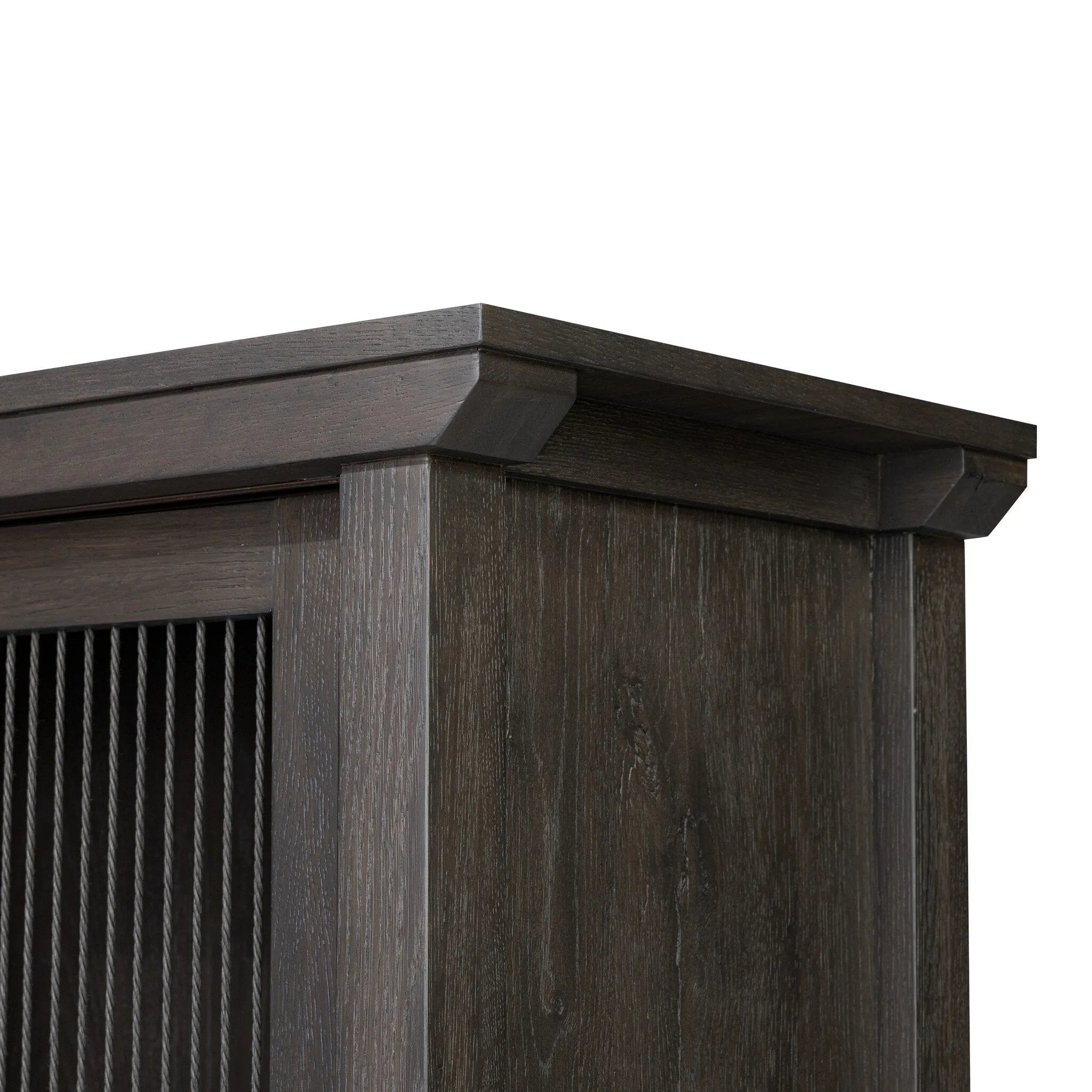 Long sliding doors with paper cord stripes inspired by Japanese teahouses bring a traditional look to this spacious cabinet. Made from oak in a smoked black finish, with a slightly oversized top.As lovers of luxe aesthetics at Amethyst, we love the optimistic inspired Tuscola Cabinet. Amethyst Home provides interior design, new home construction design consulting, vintage area rugs, and lighting in the Des Moines metro area.