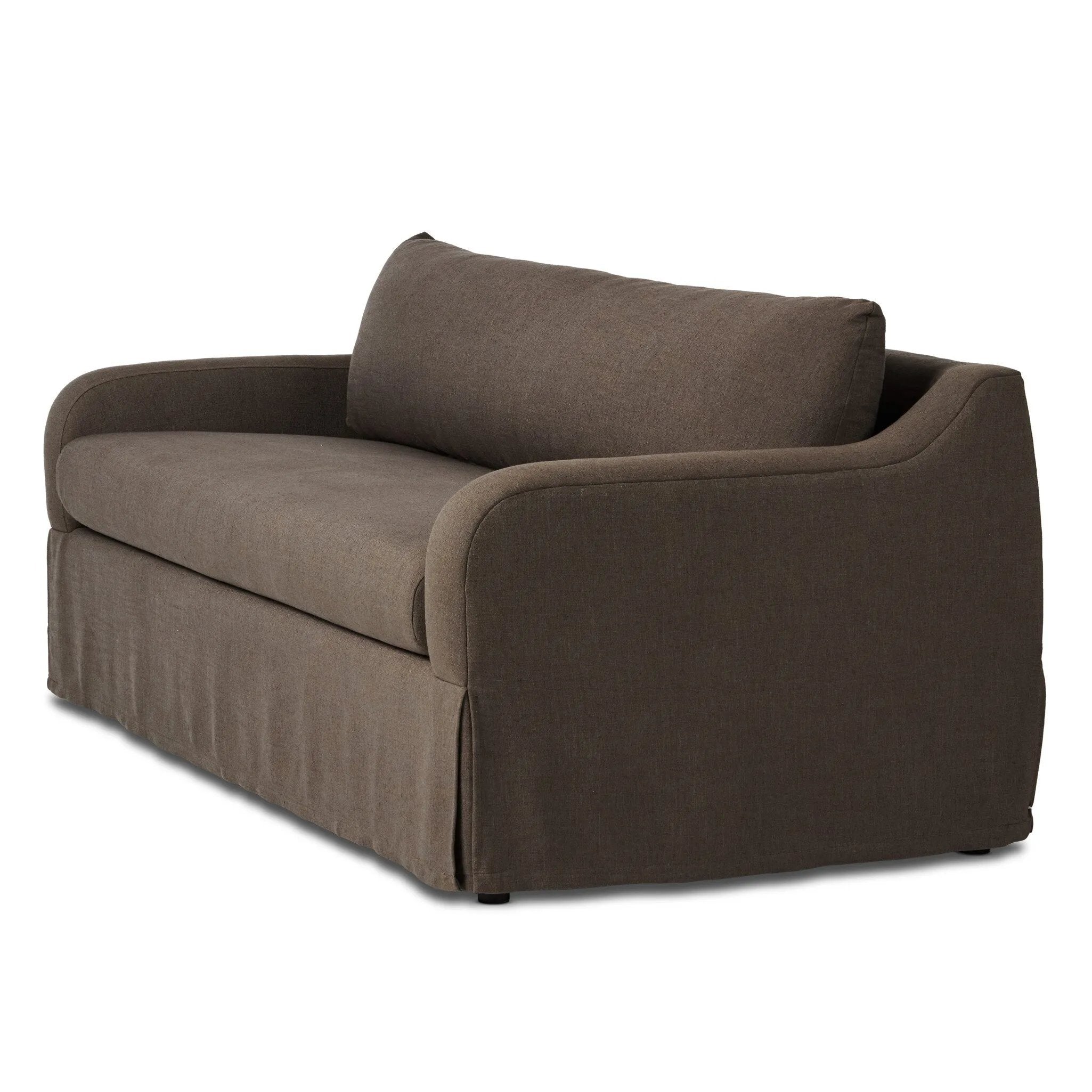 Meet the piece that can do it all. Coffee-colored fabric covers a long bench-style seat, while a concealed sleeper mechanism allows for easy pullout to transform this flexible piece into an extra bed. Curved slope arms finish into a fixed slipcover with kick-pleats at the front. Amethyst Home provides interior design, new home construction design consulting, vintage area rugs, and lighting in the Calabasas metro area.