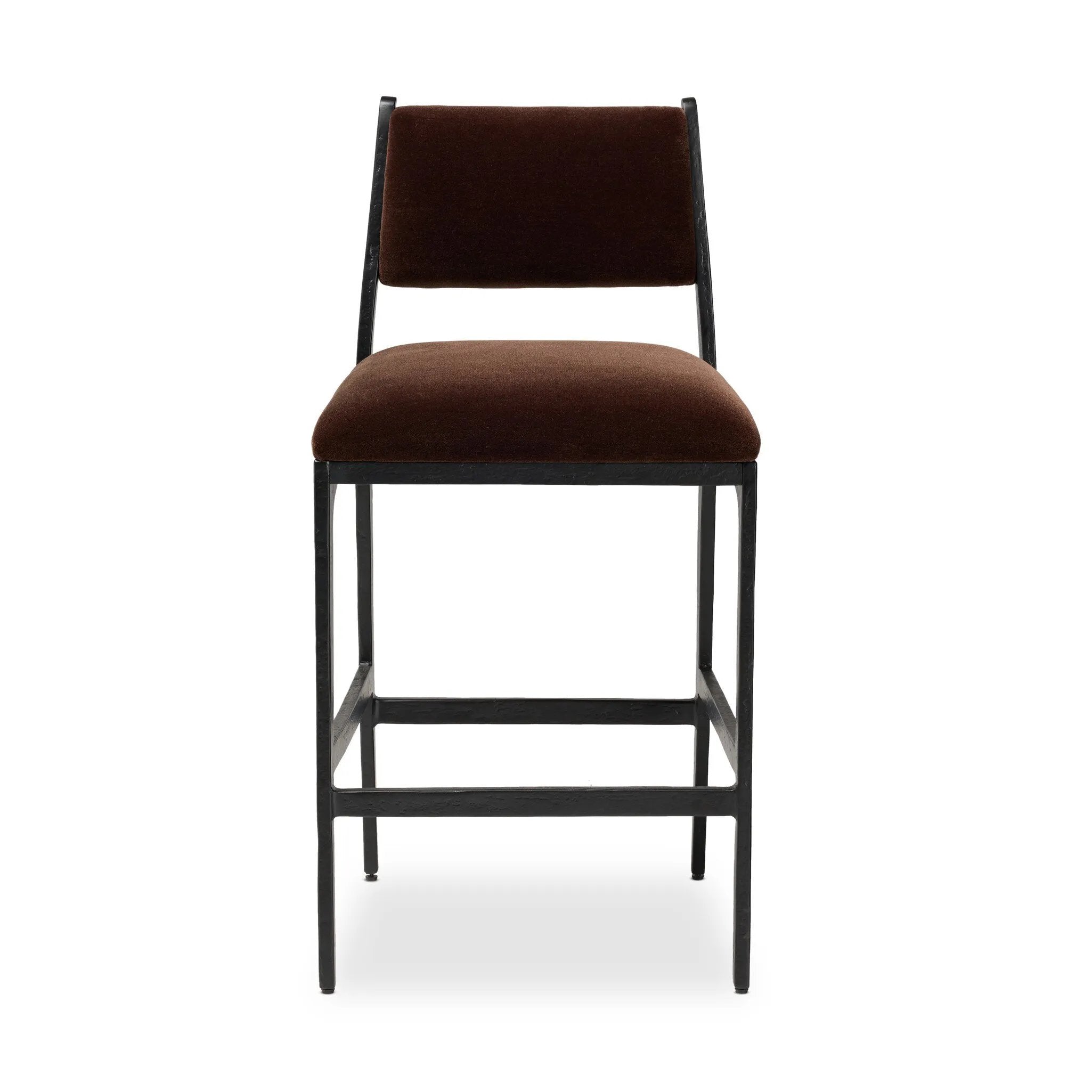 A metal frame with a tapered profile pairs with a velvety brown upholstered seat and back, striking balance in both scale in texture. Perfectly scaled for the counter.As lovers of wabi sabi design at Amethyst, we love the warm modern inspired Valeene Bar + Counter Stool. Amethyst Home provides interior design, new home construction design consulting, vintage area rugs, and lighting in the Portland metro area.