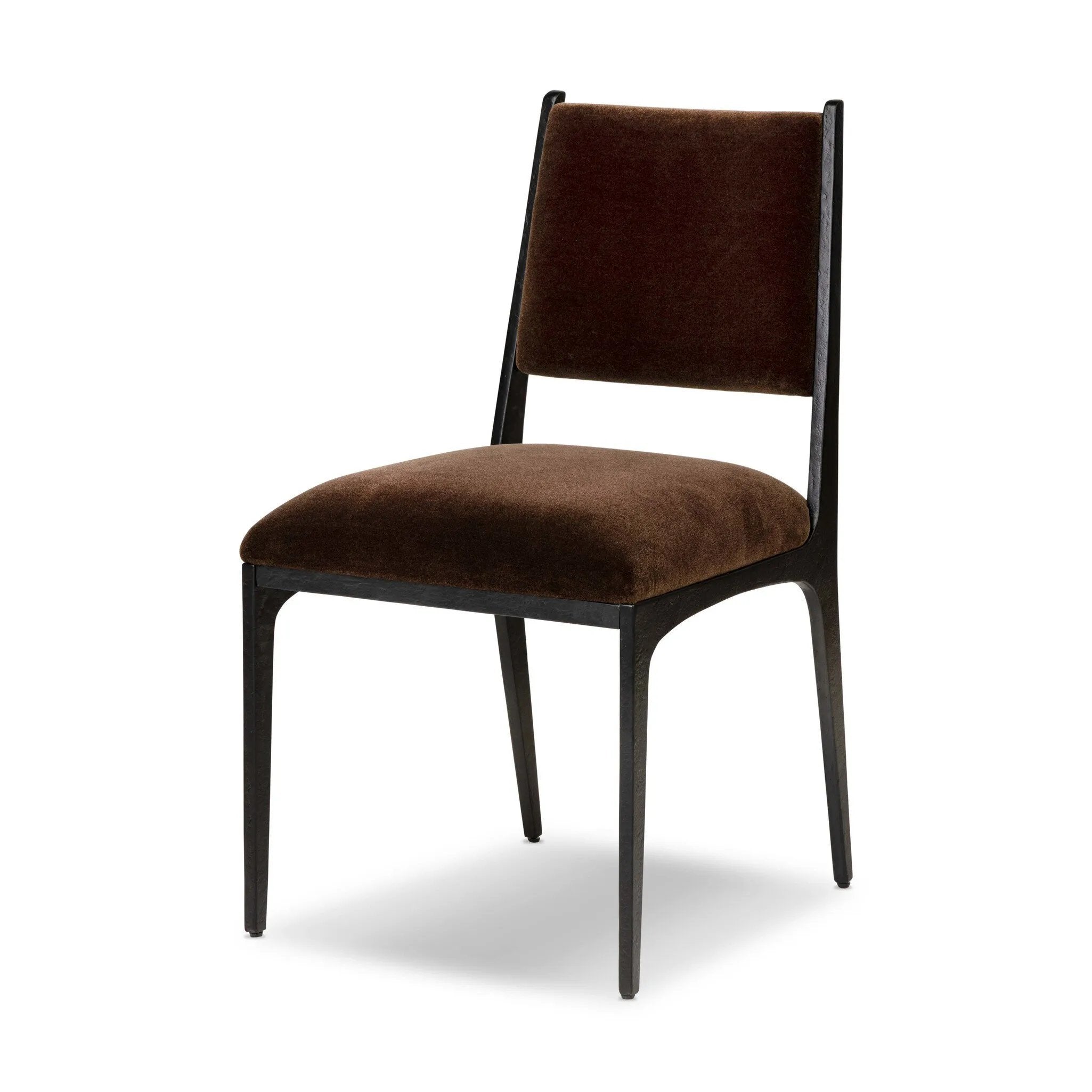 A metal frame with a tapered profile pairs with a velvety brown upholstered seat and back, striking balance in both scale in texture.As lovers of natural aesthetics at Amethyst, we love the warm modern inspired Valeene Dining Chair - Monte Chocolate. This item pairs well with other brands such as Four Hands and is perfect for loft homes Amethyst Home provides interior design, new home construction design consulting, vintage area rugs, and lighting in the Alpharetta metro area.