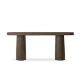 Featuring Valen Rustic Brown Oak Veneer Console Table by Four Hands at Amethyst Home. Made from rustic brown oak, an open-style console table is streamlined while not short on presence, with its exaggerated cylinder legs and polished pill-shaped top.Overall Dimensions: 78.00"w x 18.00"d x 32.00"hWeight : 99.21 lbsMaterials: Oak Veneer, Oak Plywood. Amethyst Home provides interior design, new home construction design consulting, vintage area rugs, and lighting in the Los Angeles metro area.
