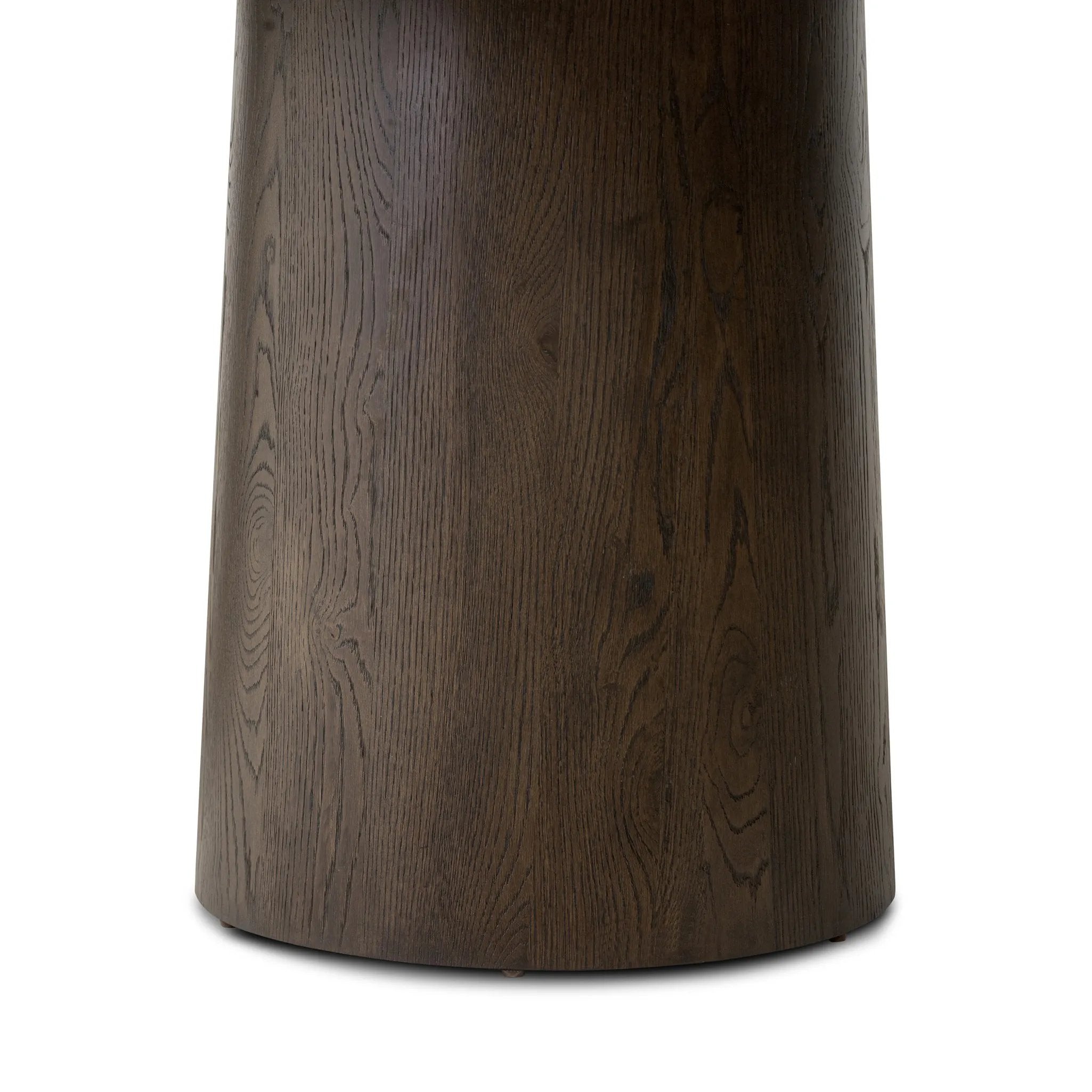 Smooth and shapely with heavy proportions, exaggerated cylinder legs pair with a softened pill-shaped top, with subtly arched sides. Made from oak veneer with a rustic brown finish, for a warm, welcoming look Amethyst Home provides interior design, new home construction design consulting, vintage area rugs, and lighting in the Nashville metro area.
