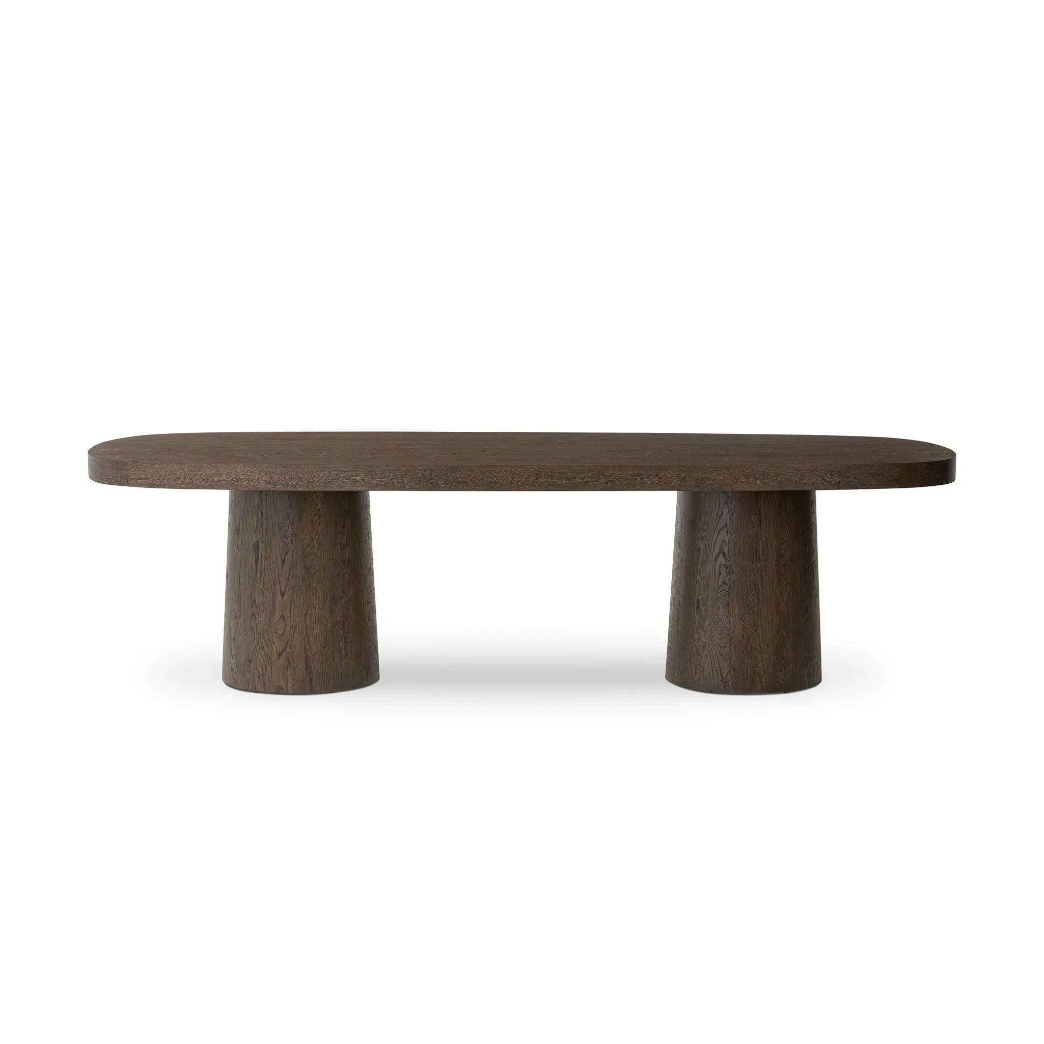 Smooth and shapely with heavy proportions, exaggerated cylinder legs pair with a softened pill-shaped top, with subtly arched sides. Made from oak veneer with a rustic brown finish, for a warm, welcoming look Amethyst Home provides interior design, new home construction design consulting, vintage area rugs, and lighting in the Salt Lake City metro area.