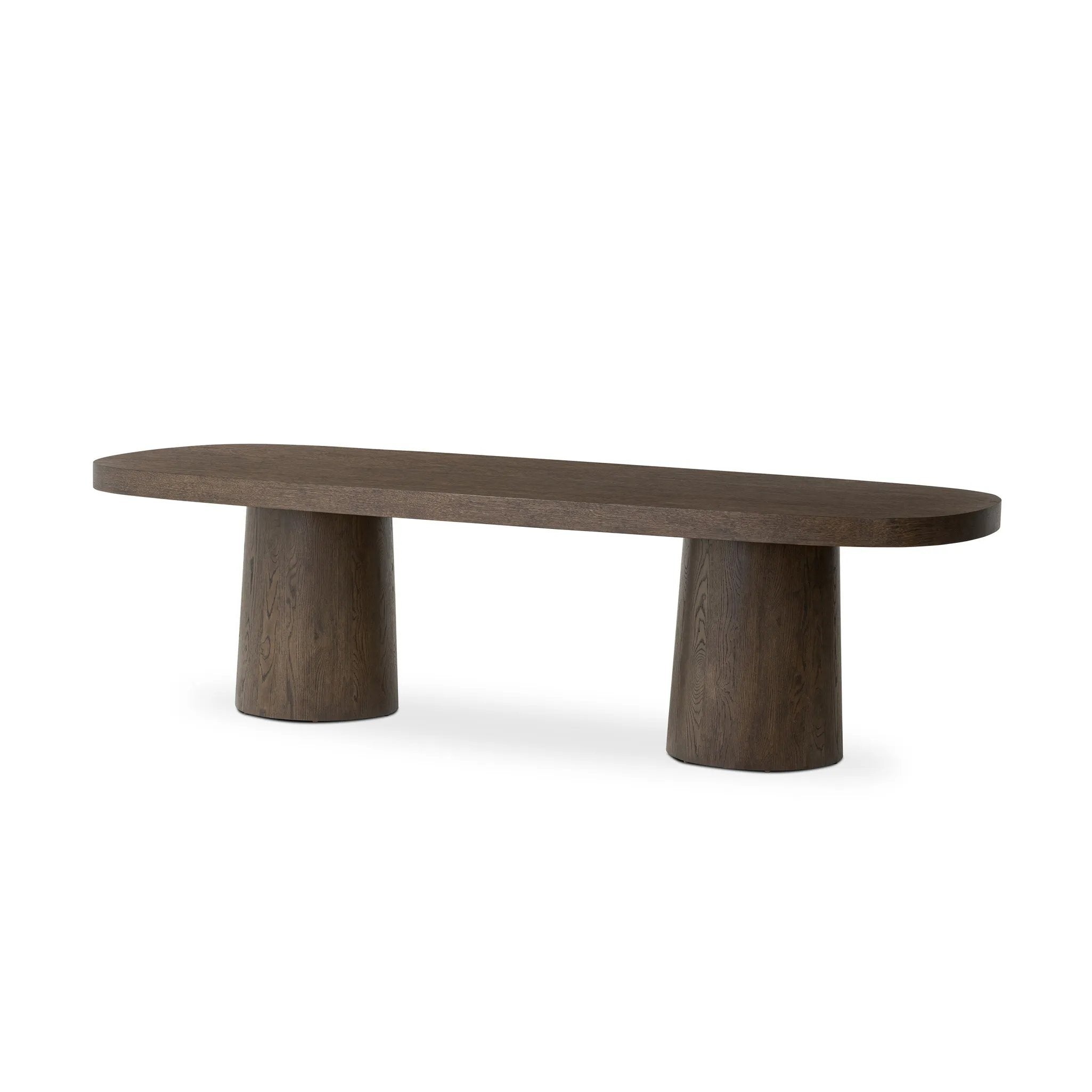 Smooth and shapely with heavy proportions, exaggerated cylinder legs pair with a softened pill-shaped top, with subtly arched sides. Made from oak veneer with a rustic brown finish, for a warm, welcoming look Amethyst Home provides interior design, new home construction design consulting, vintage area rugs, and lighting in the Seattle metro area.