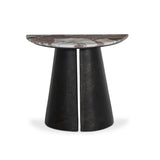 A study in sturdy materials. Distressed bronze aluminum supports a crescent tabletop of solid smoked marble. Unique demilune shape creates styling options, whether against the wall or next to a sofa.As lovers of natural design at Amethyst, we love the warm modern inspired Valentina End Table. Amethyst Home provides interior design, new home construction design consulting, vintage area rugs, and lighting in the Boston metro area.