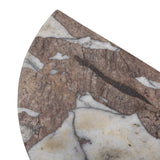 A study in sturdy materials. Distressed bronze aluminum supports a crescent tabletop of solid smoked marble. Unique demilune shape creates styling options, whether against the wall or next to a sofa.As lovers of natural design at Amethyst, we love the warm modern inspired Valentina End Table. Amethyst Home provides interior design, new home construction design consulting, vintage area rugs, and lighting in the Dallas metro area.