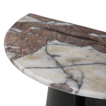 A study in sturdy materials. Distressed bronze aluminum supports a crescent tabletop of solid smoked marble. Unique demilune shape creates styling options, whether against the wall or next to a sofa.As lovers of natural design at Amethyst, we love the warm modern inspired Valentina End Table. Amethyst Home provides interior design, new home construction design consulting, vintage area rugs, and lighting in the Des Moines metro area.