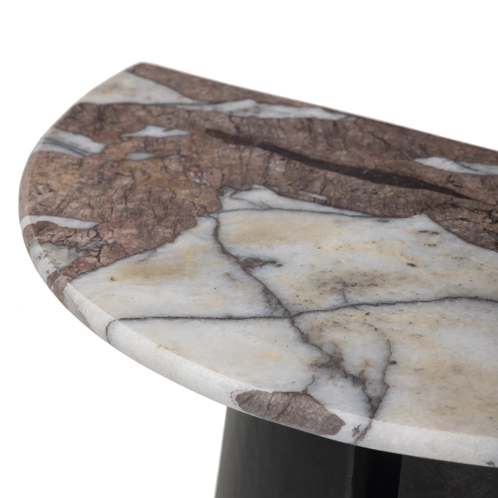 A study in sturdy materials. Distressed bronze aluminum supports a crescent tabletop of solid smoked marble. Unique demilune shape creates styling options, whether against the wall or next to a sofa.As lovers of natural design at Amethyst, we love the warm modern inspired Valentina End Table. Amethyst Home provides interior design, new home construction design consulting, vintage area rugs, and lighting in the Des Moines metro area.