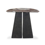 A study in sturdy materials. Distressed bronze aluminum supports a crescent tabletop of solid smoked marble. Unique demilune shape creates styling options, whether against the wall or next to a sofa.As lovers of natural design at Amethyst, we love the warm modern inspired Valentina End Table. Amethyst Home provides interior design, new home construction design consulting, vintage area rugs, and lighting in the Los Angeles metro area.