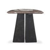 A study in sturdy materials. Distressed bronze aluminum supports a crescent tabletop of solid smoked marble. Unique demilune shape creates styling options, whether against the wall or next to a sofa.As lovers of natural design at Amethyst, we love the warm modern inspired Valentina End Table. Amethyst Home provides interior design, new home construction design consulting, vintage area rugs, and lighting in the Los Angeles metro area.