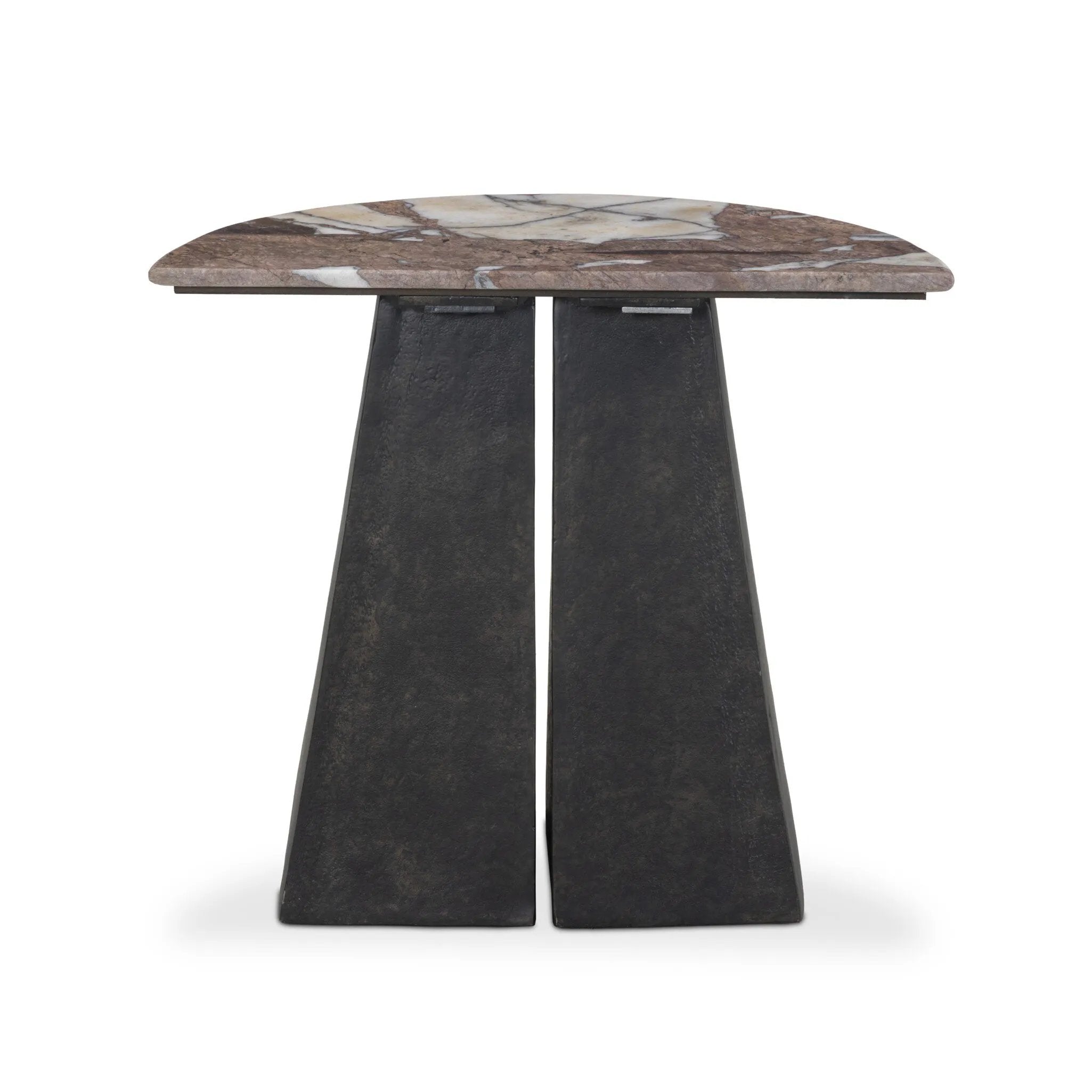 A study in sturdy materials. Distressed bronze aluminum supports a crescent tabletop of solid smoked marble. Unique demilune shape creates styling options, whether against the wall or next to a sofa.As lovers of natural design at Amethyst, we love the warm modern inspired Valentina End Table. Amethyst Home provides interior design, new home construction design consulting, vintage area rugs, and lighting in the Los Angeles metro area.