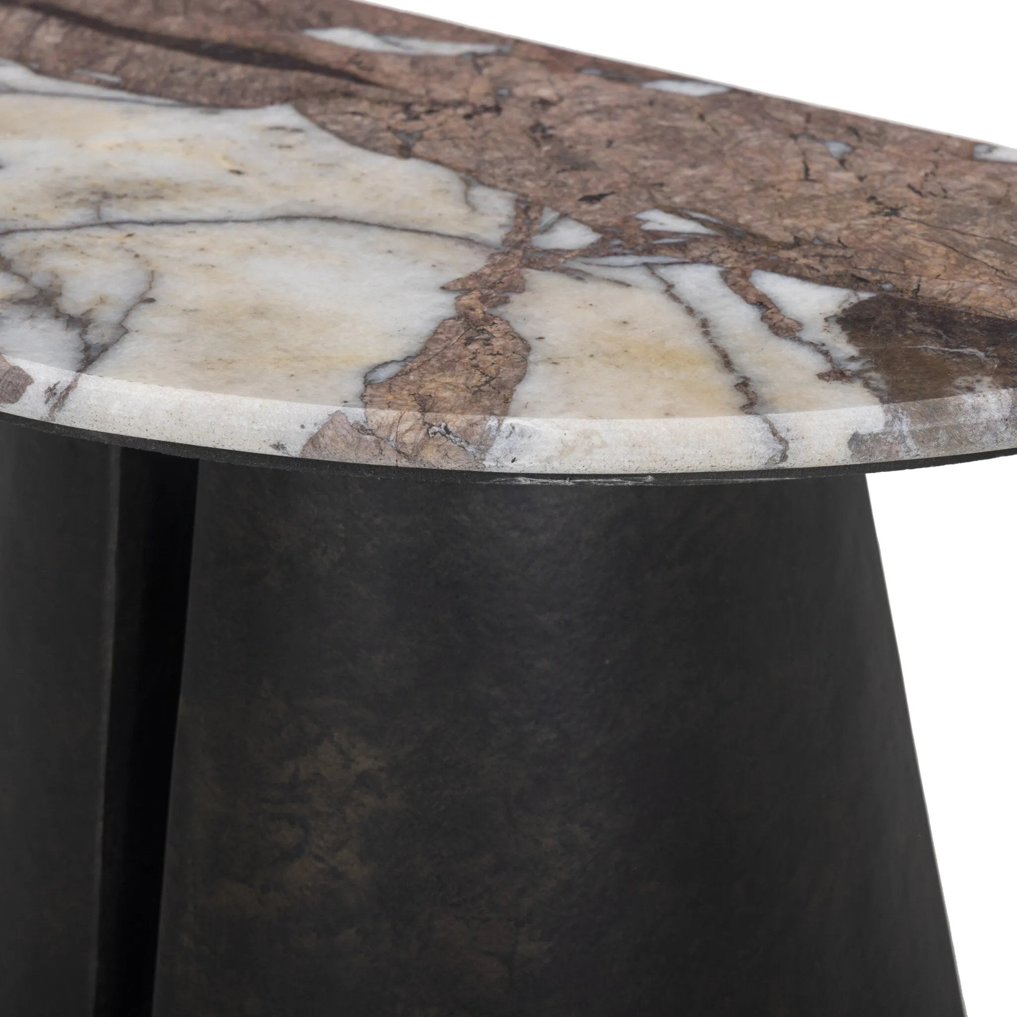 A study in sturdy materials. Distressed bronze aluminum supports a crescent tabletop of solid smoked marble. Unique demilune shape creates styling options, whether against the wall or next to a sofa.As lovers of natural design at Amethyst, we love the warm modern inspired Valentina End Table. Amethyst Home provides interior design, new home construction design consulting, vintage area rugs, and lighting in the Monterey metro area.