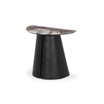 A study in sturdy materials. Distressed bronze aluminum supports a crescent tabletop of solid smoked marble. Unique demilune shape creates styling options, whether against the wall or next to a sofa.As lovers of natural design at Amethyst, we love the warm modern inspired Valentina End Table. Amethyst Home provides interior design, new home construction design consulting, vintage area rugs, and lighting in the Omaha metro area.