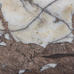 A study in sturdy materials. Distressed bronze aluminum supports a crescent tabletop of solid smoked marble. Unique demilune shape creates styling options, whether against the wall or next to a sofa.As lovers of natural design at Amethyst, we love the warm modern inspired Valentina End Table. Amethyst Home provides interior design, new home construction design consulting, vintage area rugs, and lighting in the Washington metro area.